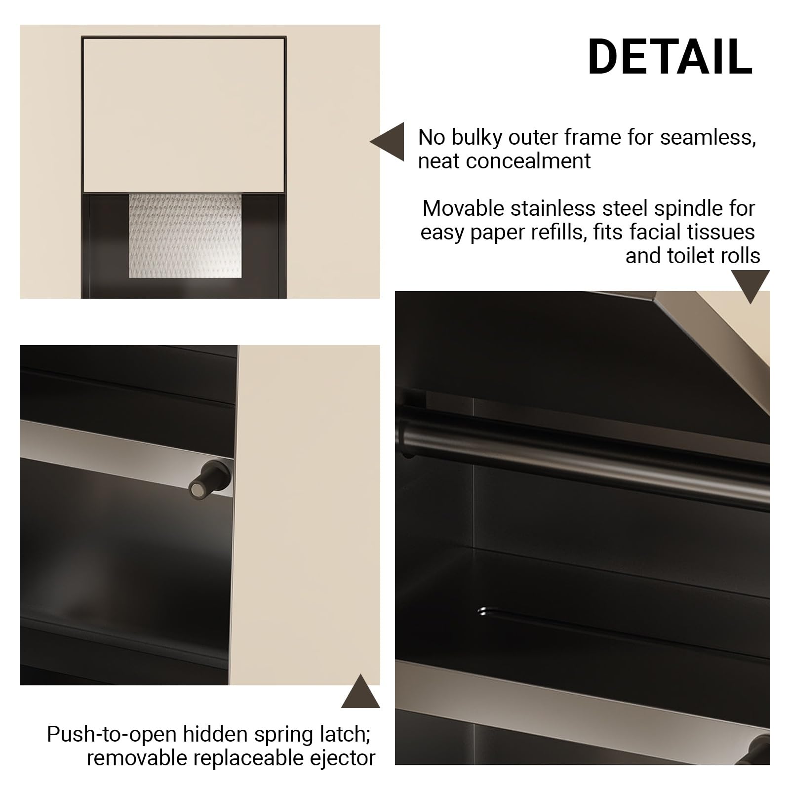 Nicho de Pared para alicatar, Portarrollos con Papelera Oculta, Mueble Empotrado de baño en Acero INOX 304, Diseño Minimalista 4-en-1