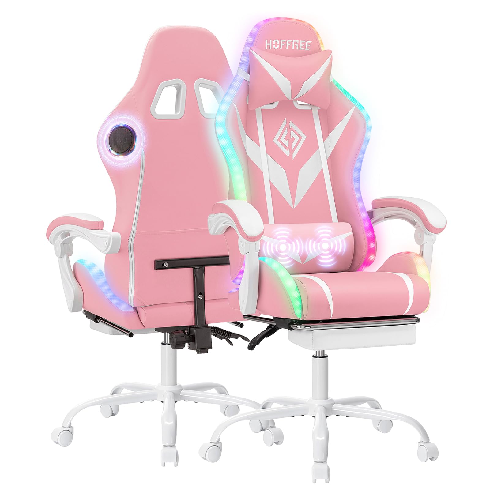 Gaming Chair Pink Massage with Bluetooth Speakers and RGB LED Lights Cute Ergonomic Computer Massage Gaming Chair with Footrest Music Video Game Chair