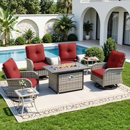 Image of 7-Piece Small Patio Furniture Set, Outdoor Swivel Rocking Chairs Set with 55,000 BTU Fire Pit Table Wicker Chairs and Tempered Glass Side Table, Patio Bistro Set for Balcony, Deck, Porch