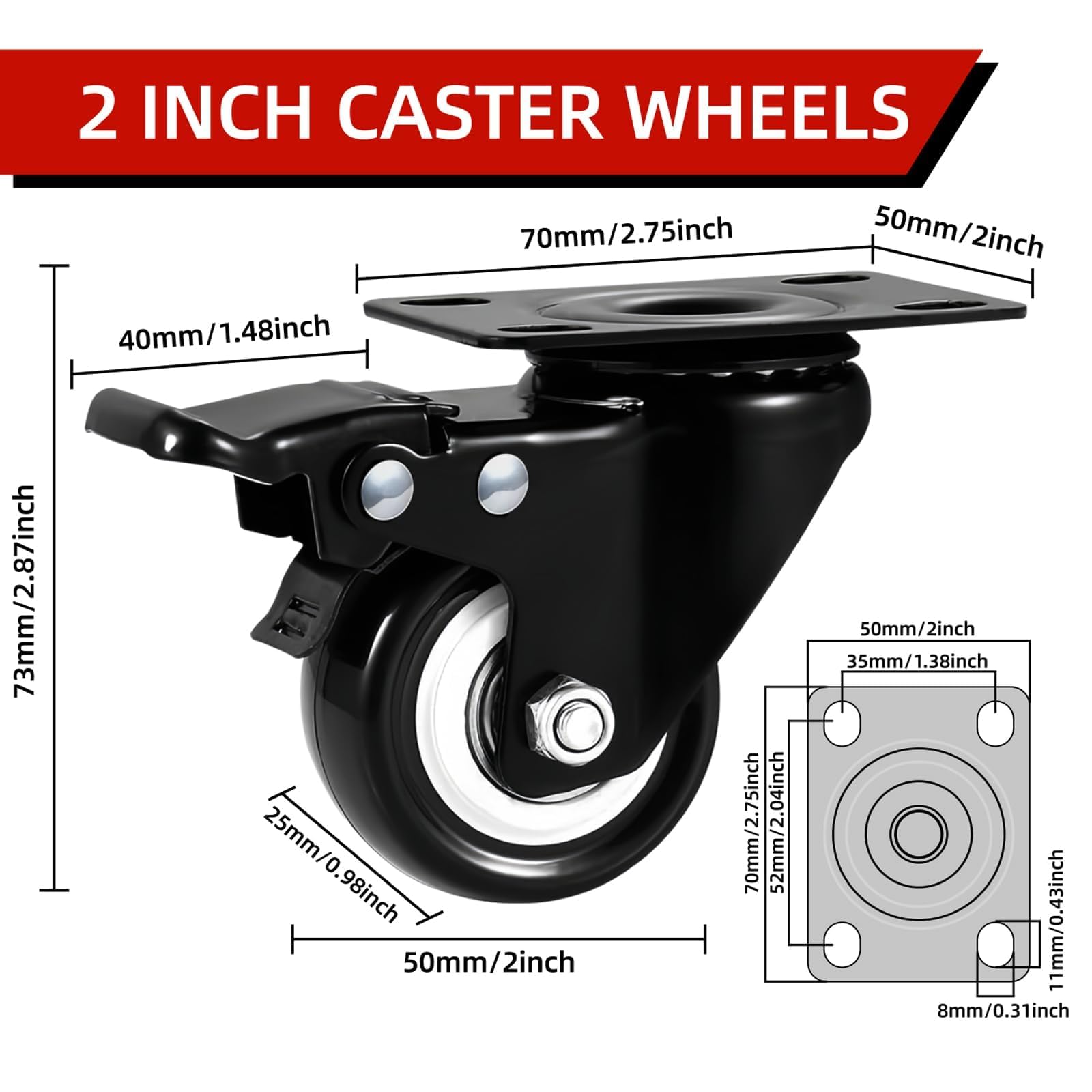 Heavy Duty Caster Wheels with Brake - 4 Pack -2 Heavy Duty Caster Wheels with Brake - 4 Pack -2