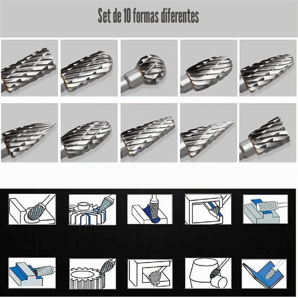 Juego de fresas rotativas de carburo de tungsteno para dremel, 10 piezas de vástago de 1/8" para tallado de bricolaje madera, pulido de metales, grabado, taladrado
