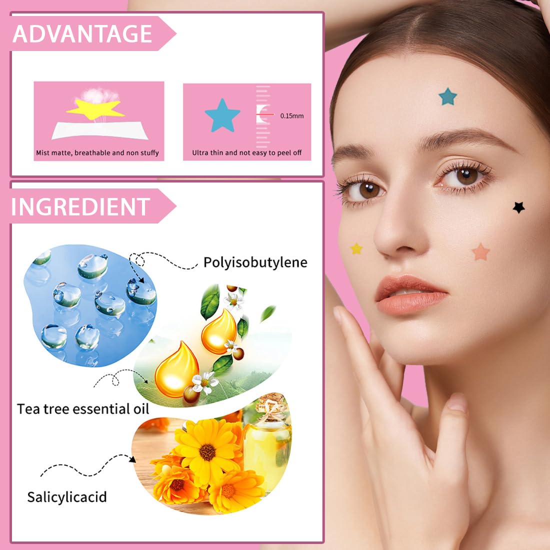 JEYORZY 200 Pezzi pimple patch star, patch brufoli stelline Invisibile Naturale Hydrocolloid e Traspirante,Cerotti Idrocolloidali Cerotti Brufoli Stelline Patch Brufoli Stelline Con Olio Di Tea Tree