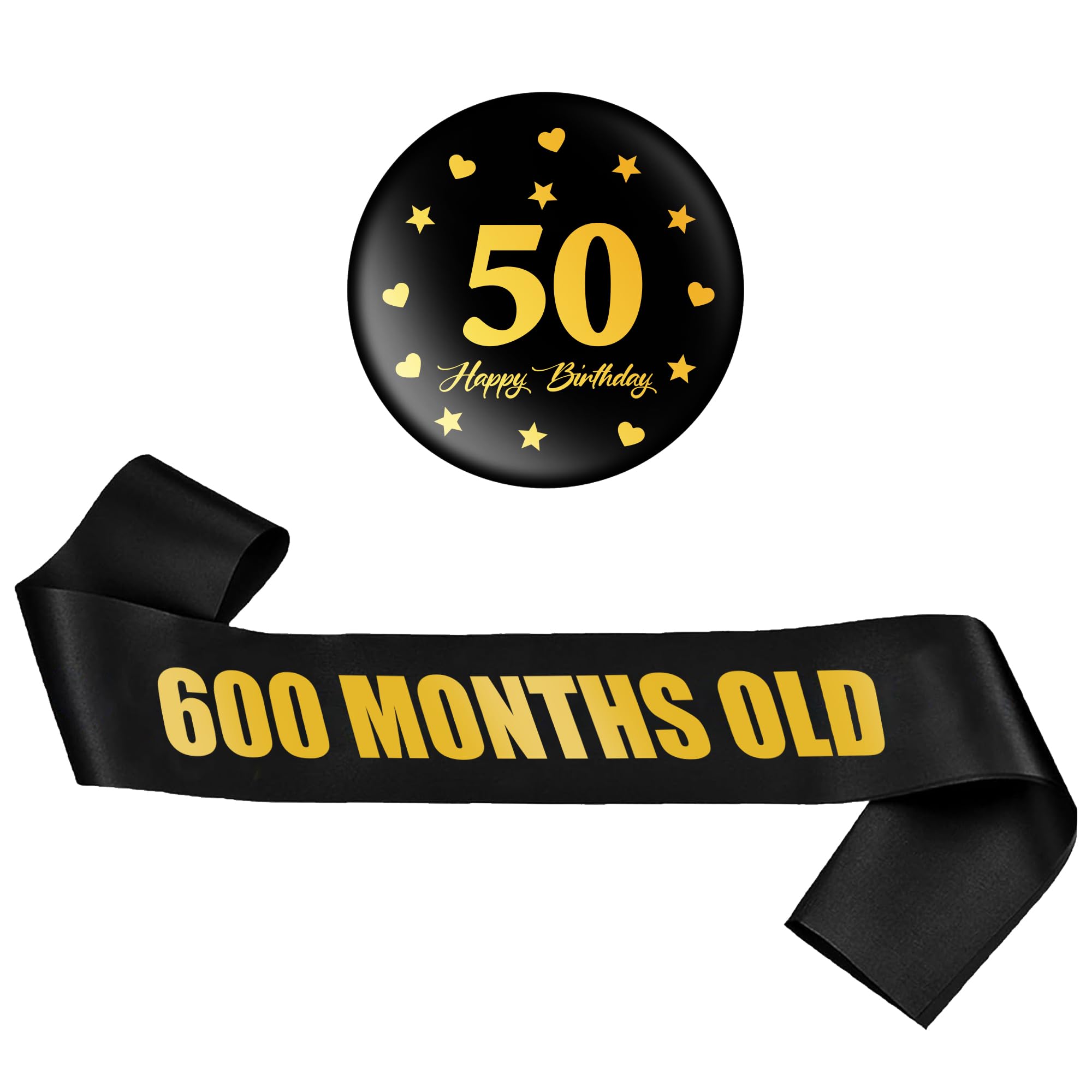 50th Birthday Decorations Sash Men - 2 Pcs Black Gold 600 Months Old Sash 50 Happy Birthday Button Badge for Men Women Happy 50 Years Old Anniversary Party Accessories Gift โ image 1