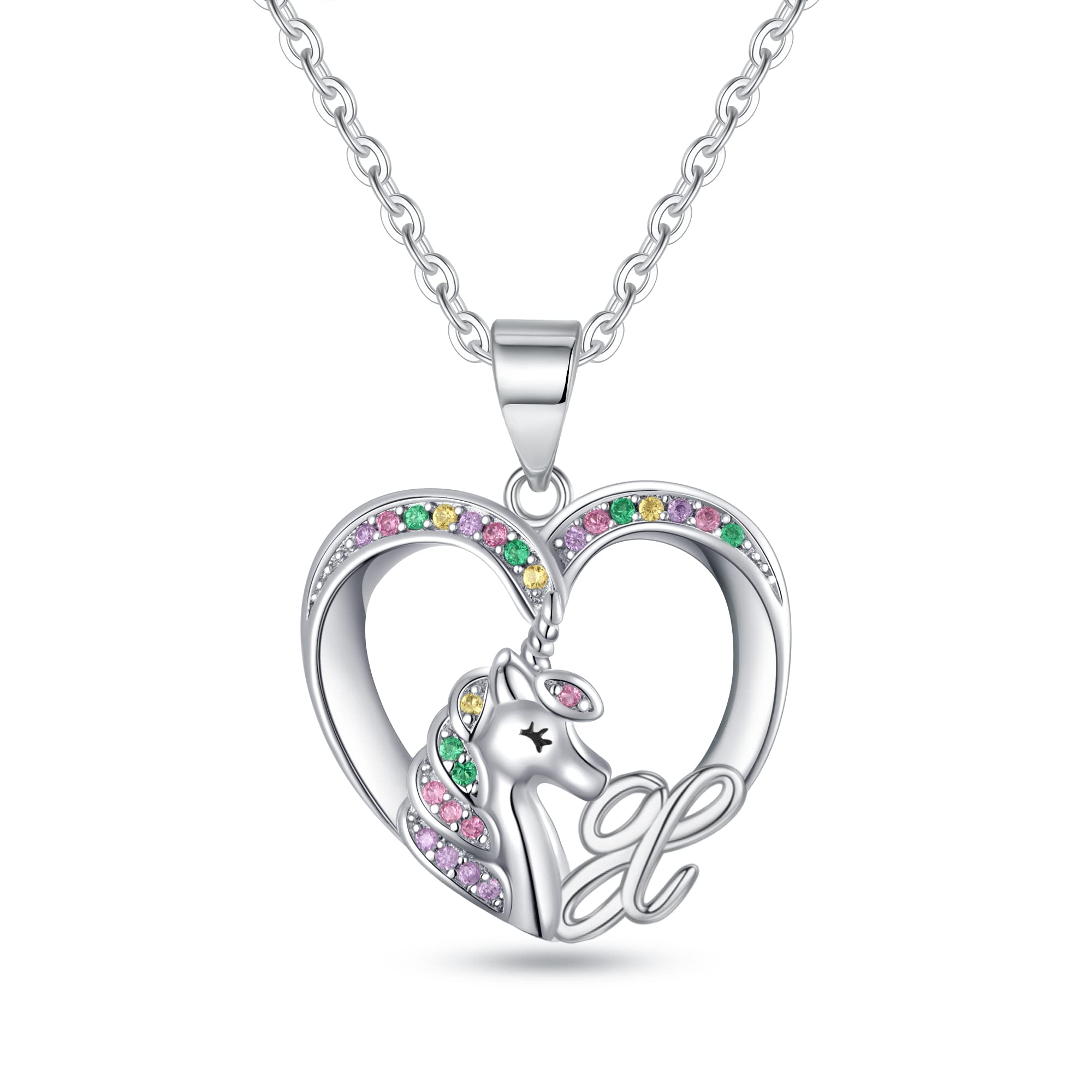 BRIJEWLIC Unicorn Necklaces - Silver Cursive Initial Necklace with CZ Heart Pendant for Girls & Teen Girls