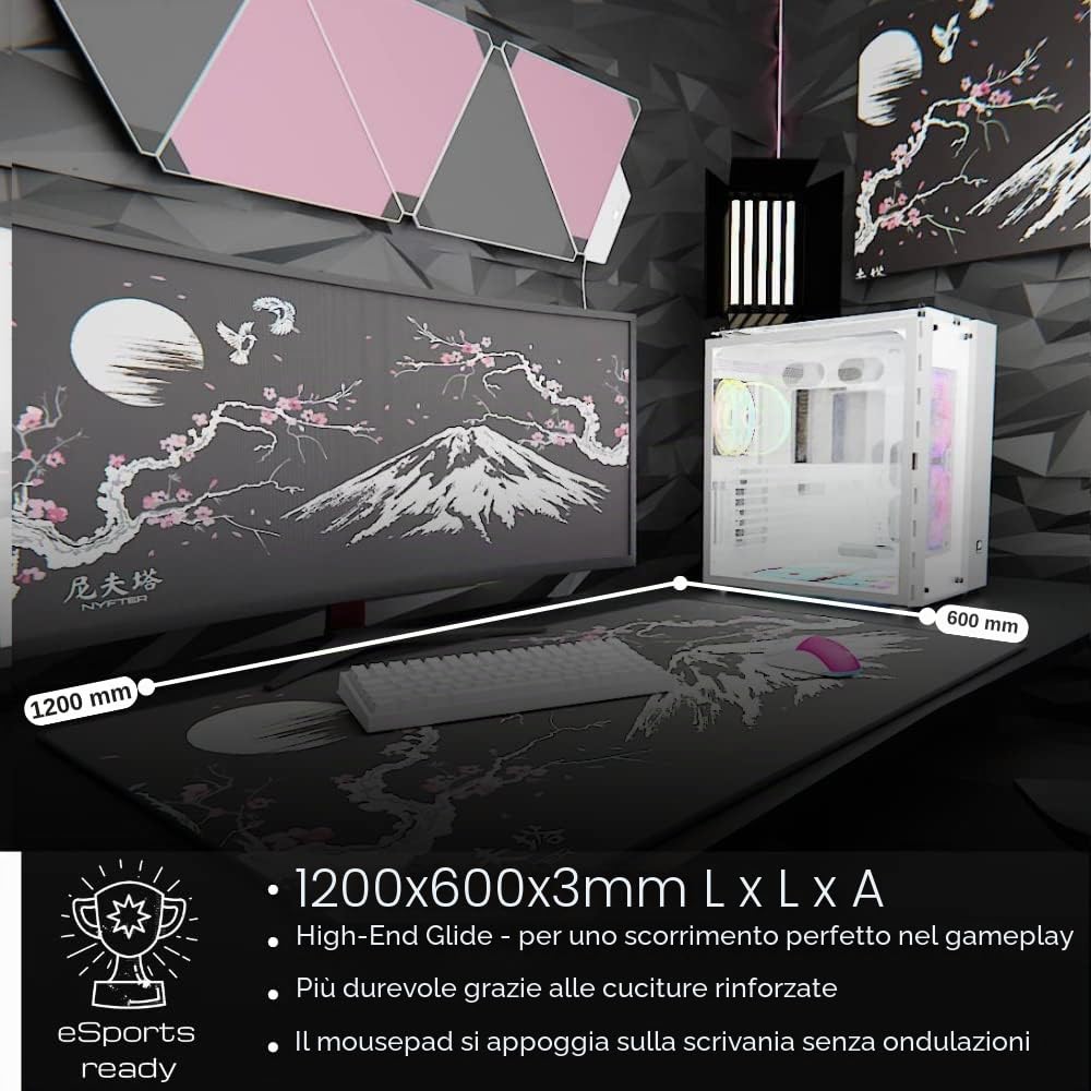 Nyfter - Tappetino per mouse da gioco 3XL Sakura nero 1200 x 600 mm Premium Fuji Mousepad Size Grandi bordi cuciti durevoli con Glide di alta qualità e antiscivolo Speed Gaming Mousepad
