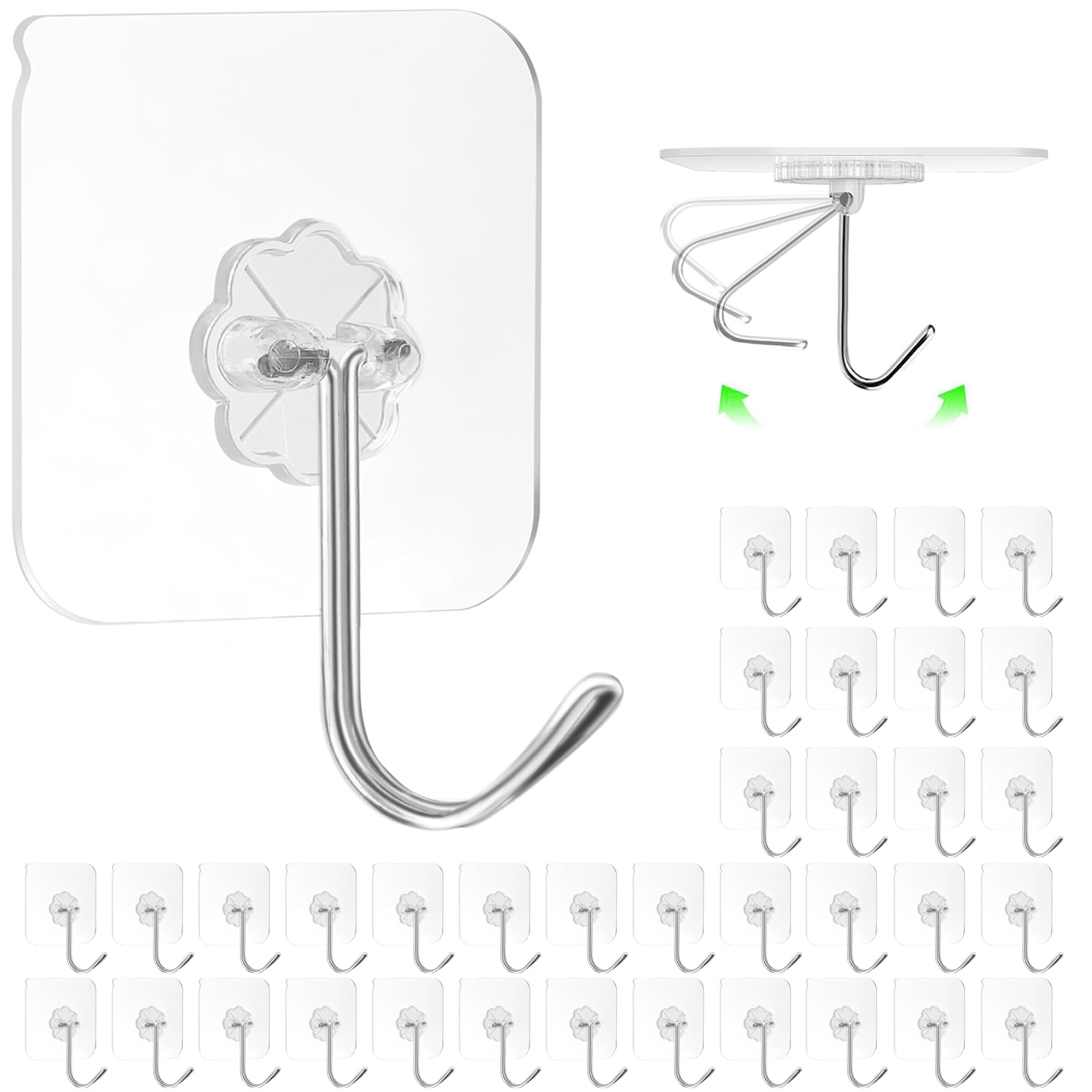 ZESLMG Adhesive Wall Hooks No Damage for Hanging, 36 Pack Large Self Sticky Hooks Heavy Duty 44lb Removable, Clear Hook for Shower Towel Coat Key Picture Wreath Outdoor Bathroom Kitchen, Waterproof