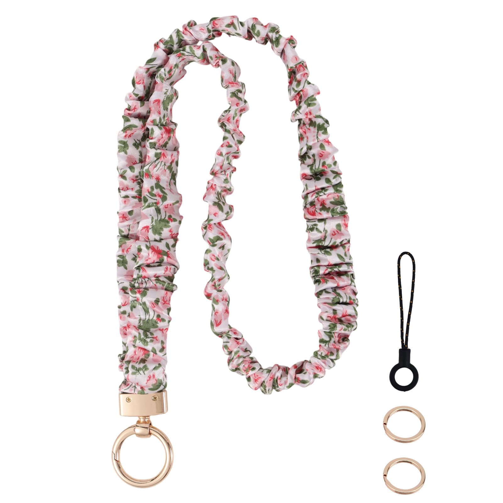 Fukaisu Stretchy Scrunchie Lanyard, Cute Elastic Neck Lanyard with 2 Rings & Phone Strap for Nurse Women Teacher Retractable Keychain Holder for ID Badge Gift Decorations Accessories (Floral Pink)
