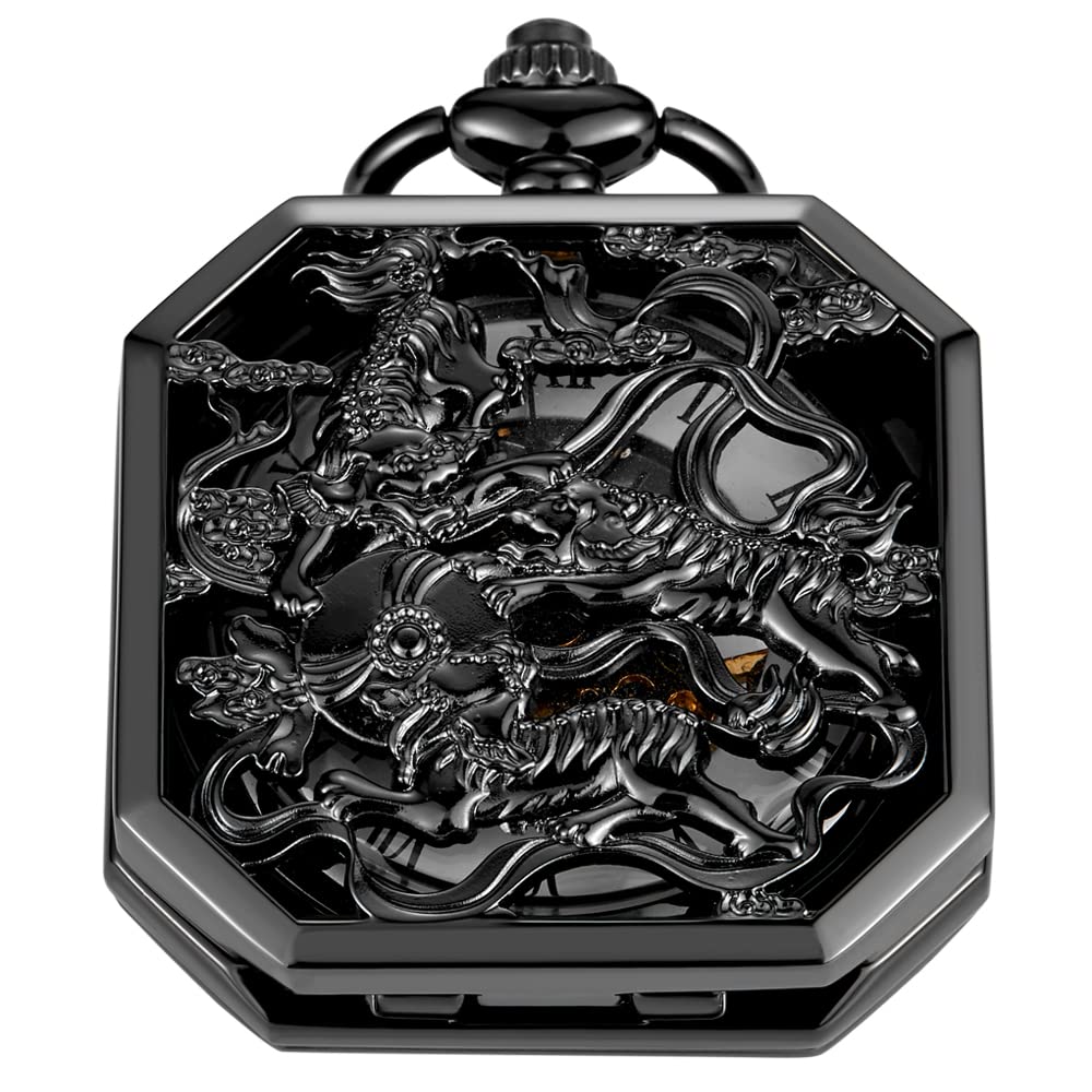 Men's Black Mechanical Pocket Watch with Chain,Birthday Gift