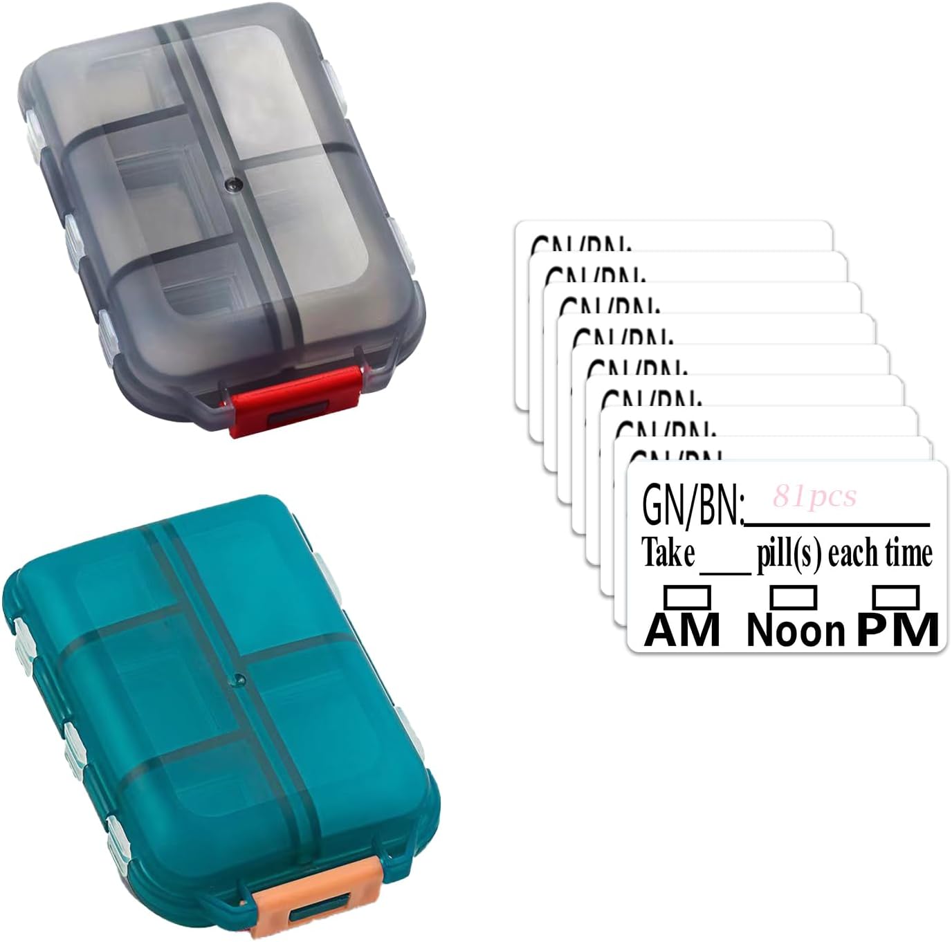 Portable Pill Organizer with 81 Labels & Strong Lock – Travel Pill Case, 10 Compartments with Individual Lids, Compact Medication Organizer (Slate Gray & Peacock Green, 2-Pack)