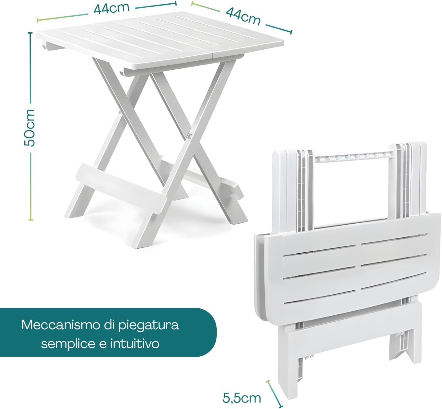 PALUPLUS Tavolo Pieghevole da Giardino in Plastica di colore BIANCO, Misura 44x44x51 cm, Tavolino Salvaspazio Piccolo da Campeggio, Picnic, per Esterno ed Interno -ADI201F