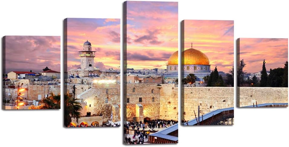 Islamic Canvas Pictures of Hajj Pilgrimage to Kabah Large Wall Art Jerusalem Modern Muslim Artwork-5 Panel Prints Giclee for Living Room Home Decor Wooden Framed Stretched Ready to Hang(60''Wx32''H)