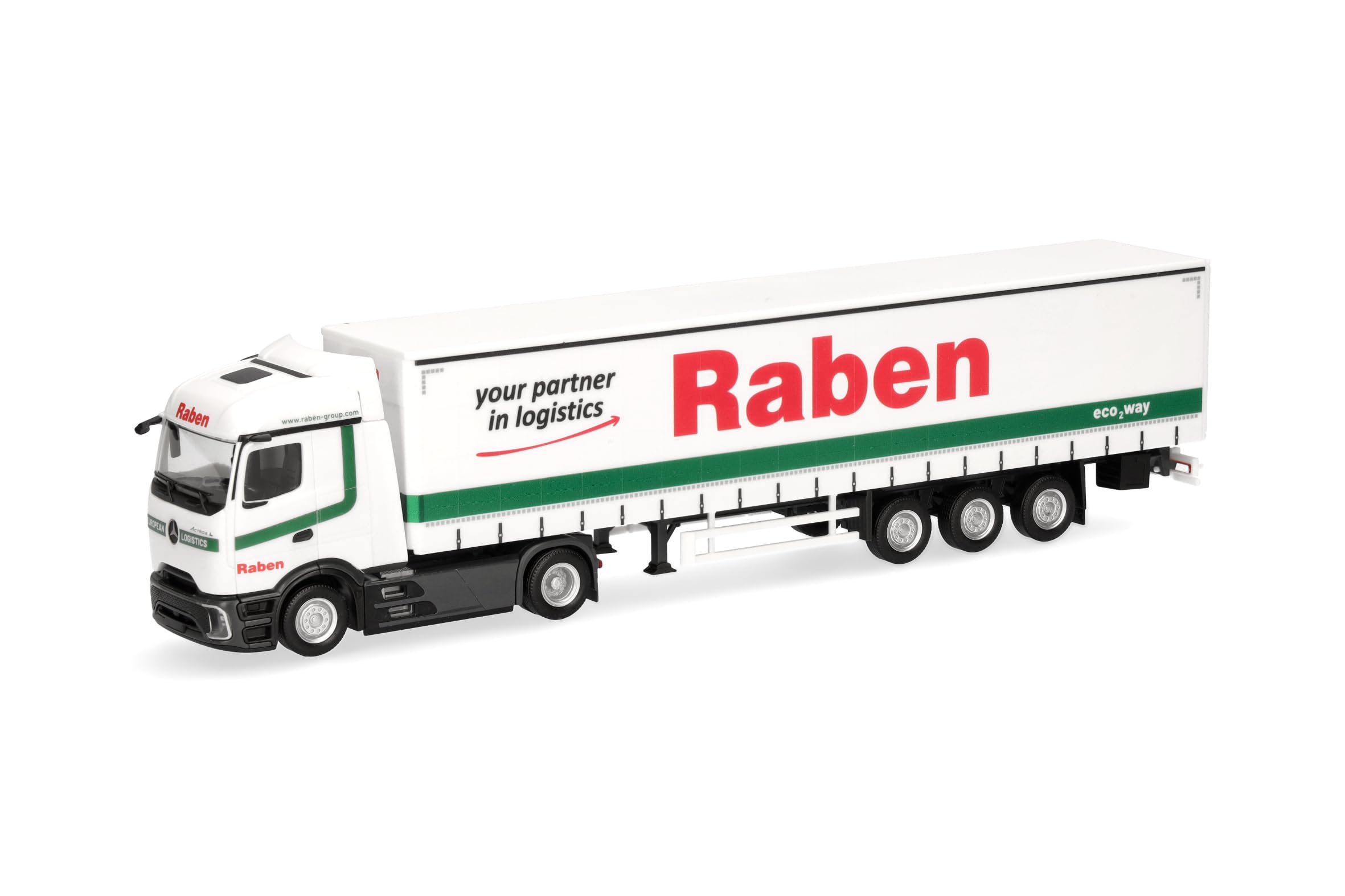 Herpa truck model Mercedes-Benz Actros L ProCabin Streamspace curtain canvas semitrailer "Raben Logistics", on a scale of 1:87, plastic miniature, made in Germany, model building, collectors edition
