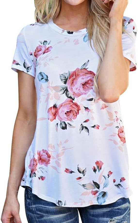 Amazon Yumiki レディースｔシャツ 半袖 カットソー 日常 普段着 花柄 エレガント 優雅 カジュアル ナチュラル 可愛い 知性 ゆったり クルーネック 履き心地よい Tシャツ カットソー 通販