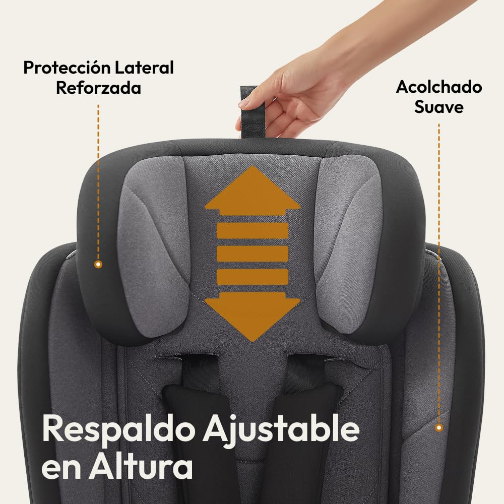 Silla Coche Bebe 76-105 cm hasta 36 kg desde 15 Meses, ECE R129 i-Size Booster Seat 100-150 cm hasta 12 Años, con Funda Desmontable, Cojín Extra de Cabeza y Arnés Ajustable, Gris oscuro