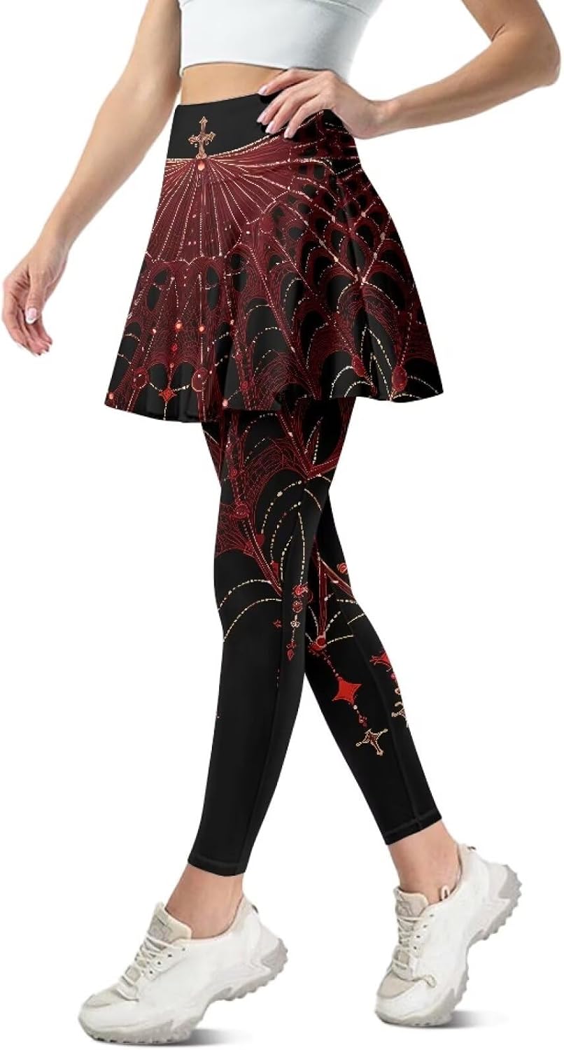 Sugar Skull Womens Tennis Leggings with Skirt, Green Peacock Feather High Waisted Butterfly Yoga Skirted Leggings