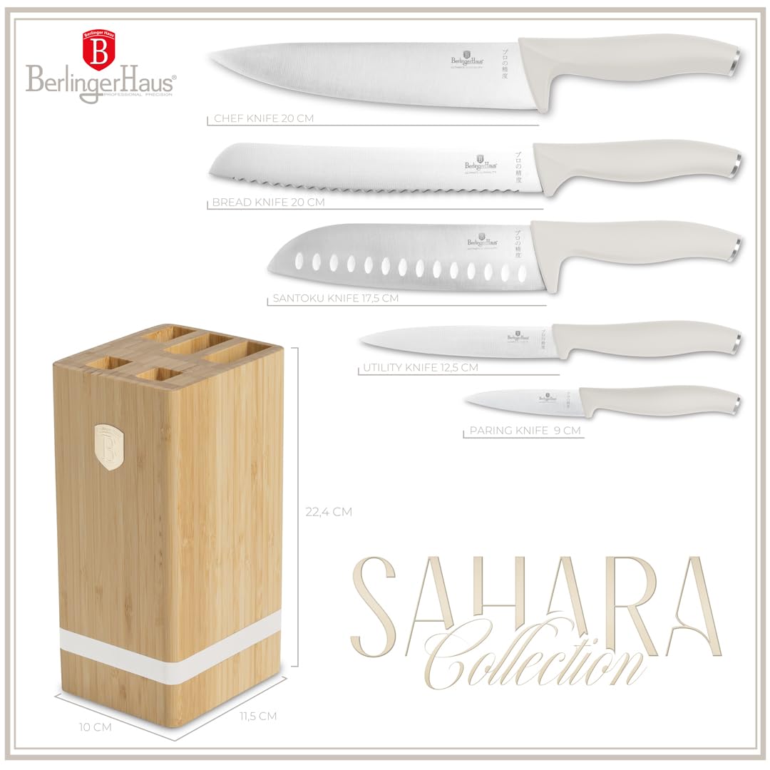 Berlinger Haus Lot de 6 couteaux en acier trempé inoxydable 3cr13 avec support en bambou/crème mat/collection Sahara