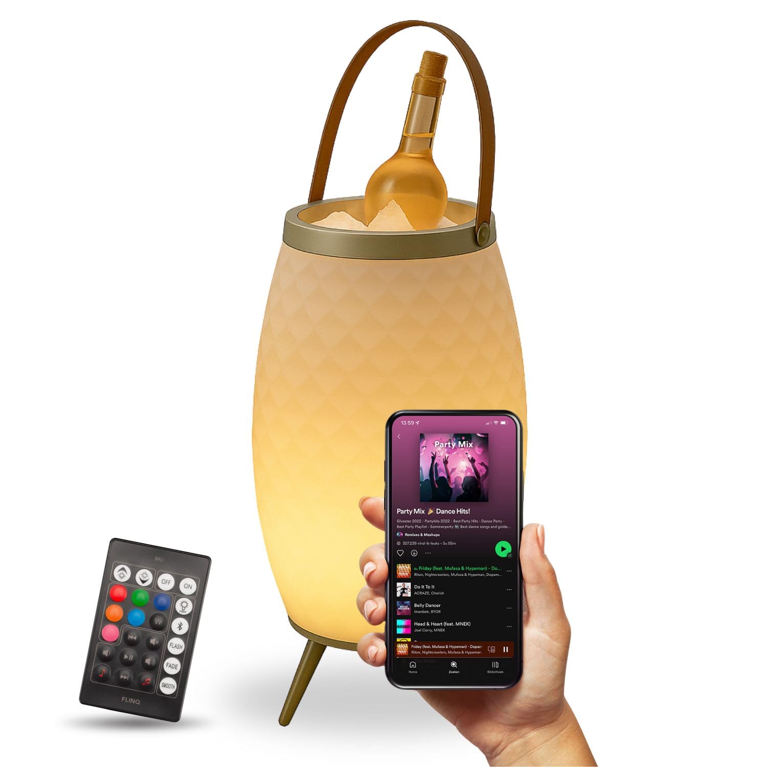 FLINQ Tragbarer Bluetooth Lautsprecher LED Lampe Bali - Weiß - XL | Mit Weinkühler - Bluetooth Box - Spritzwasserdicht - Für Innen und Außen
