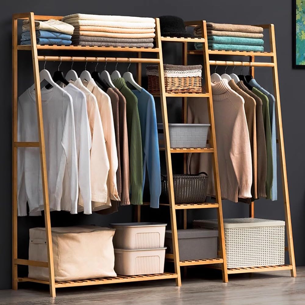 angrounps Garment Rack with Storage Shelves Back and Tidy Rail, Bamboo Clothes Rail, Open Wardrobe Closet, Clothing Standing Rack for Bedroom Hallway Entryway 160x40x140cm