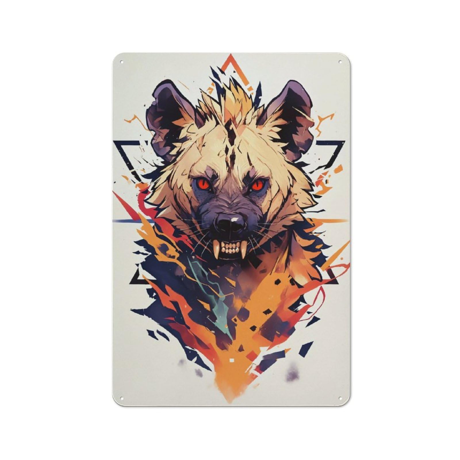 Junmoney Style-20 Stylized Hyena Portrait With Geometric Elements Cottage Style Metal Wall Decor 30X20cm, Country Metal Sign For Kitchen, Cottage, Porch Or Garden Room