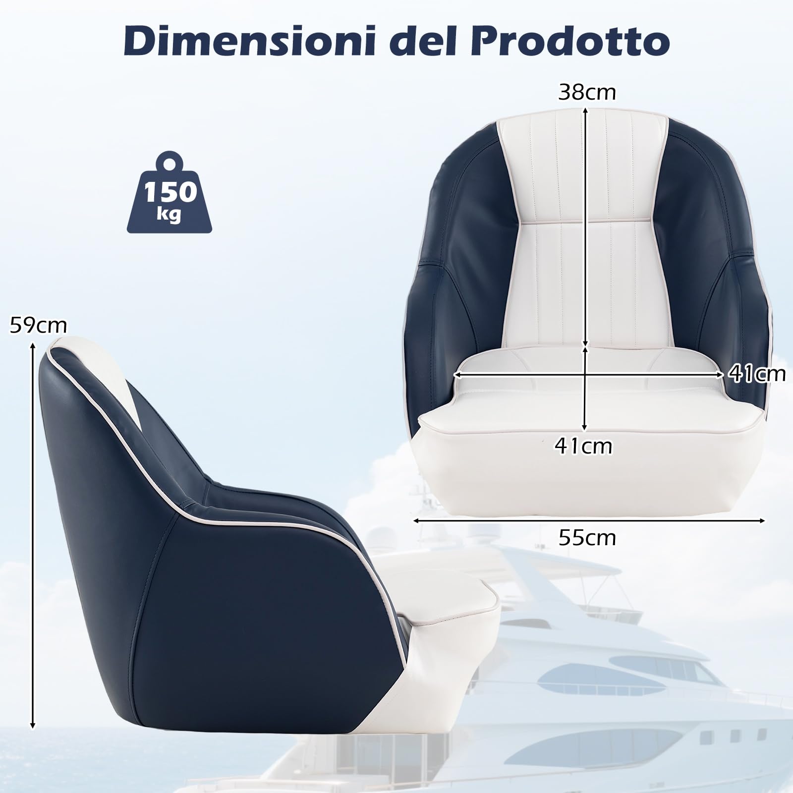 GYMAX Sedile per Barca, Sedile per Imbarcazioni con Cuscino Imbottito e Braccioli Curvi, Sedia da Capitano Impermeabile per Barca da Pesca, Barca da Turismo, Yacht, Motoscafo, Portata fino a 150Kg