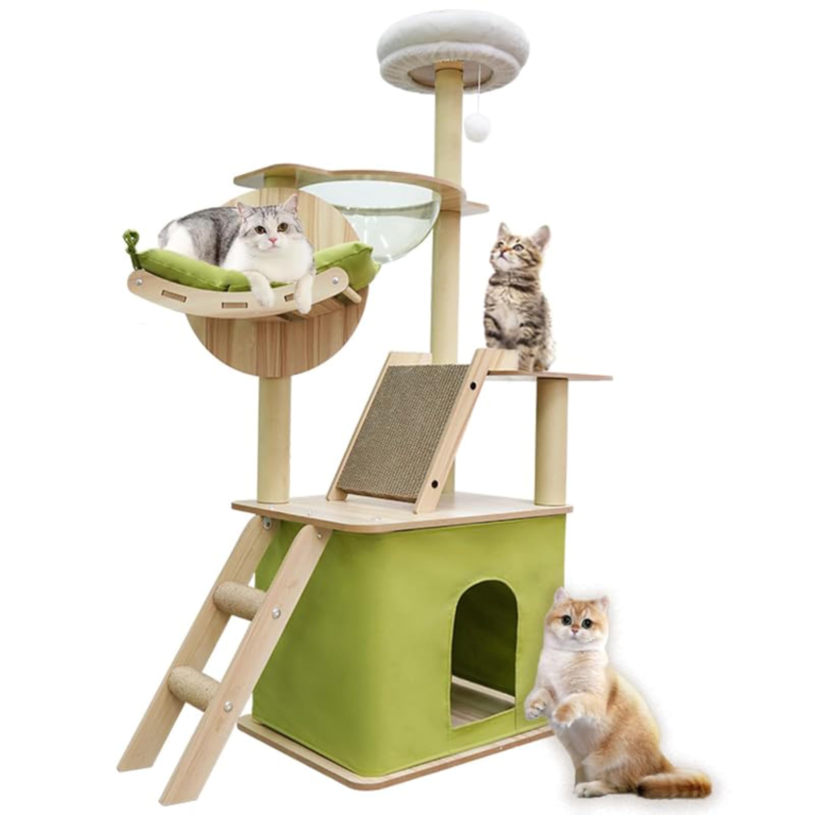 Albero per gatti - 150 cm Torre per gatti - Albero per gatti per interni - Con casa per gatti, capsula spaziale trasparente, piattaforma di salto in peluche, pallina giocattolo, cuscinetto in
