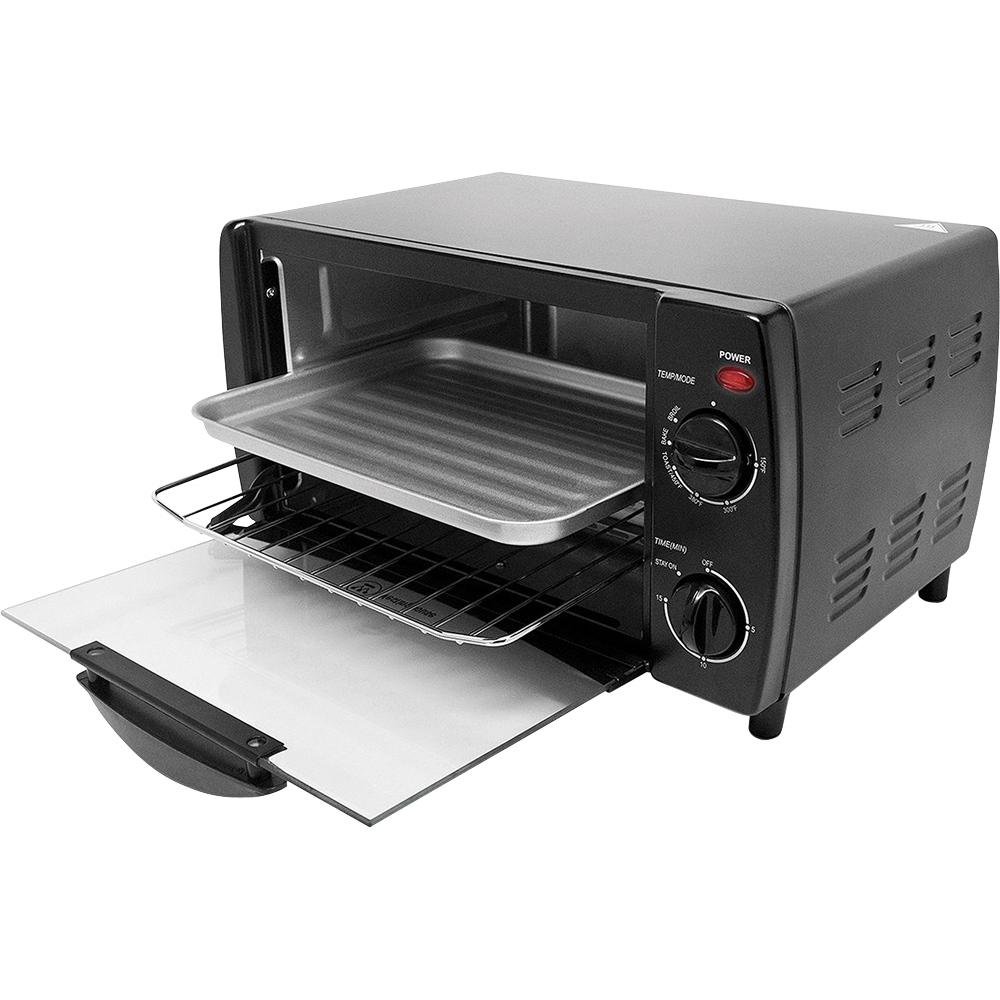 Westinghouse WTO1010B 4-Slice Toaster Oven, black, with a baking pan and rack visible