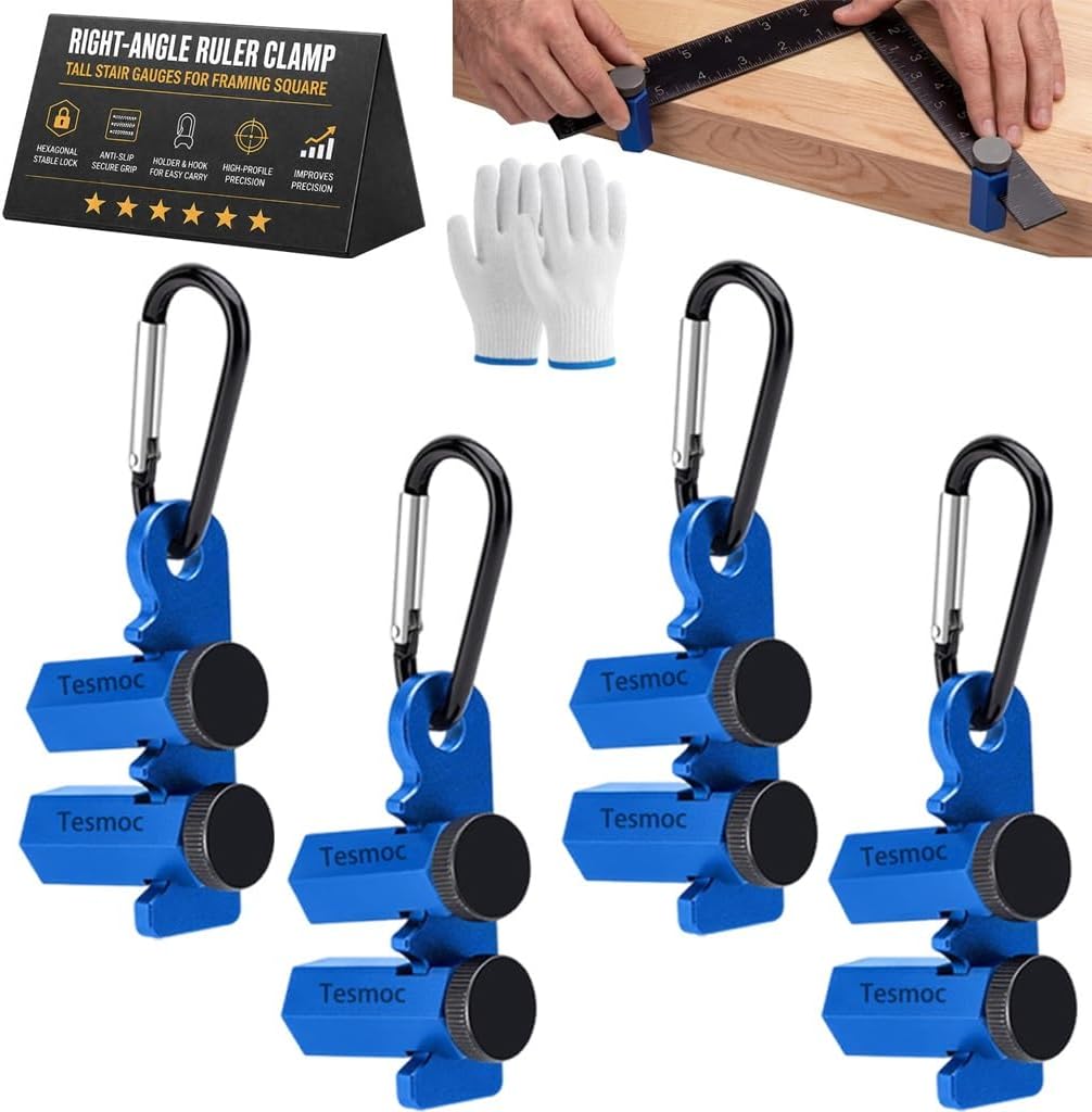 Right-Angle Ruler Clamp,Framing Square Attachment Jigs,Tall Stair Gauges Clamp Tool & Holder,Aluminum Speed Guide for Circular Saw for Carpentry,Anti-Slip,High-Profile,Improves Precision(Blue-4pcs)