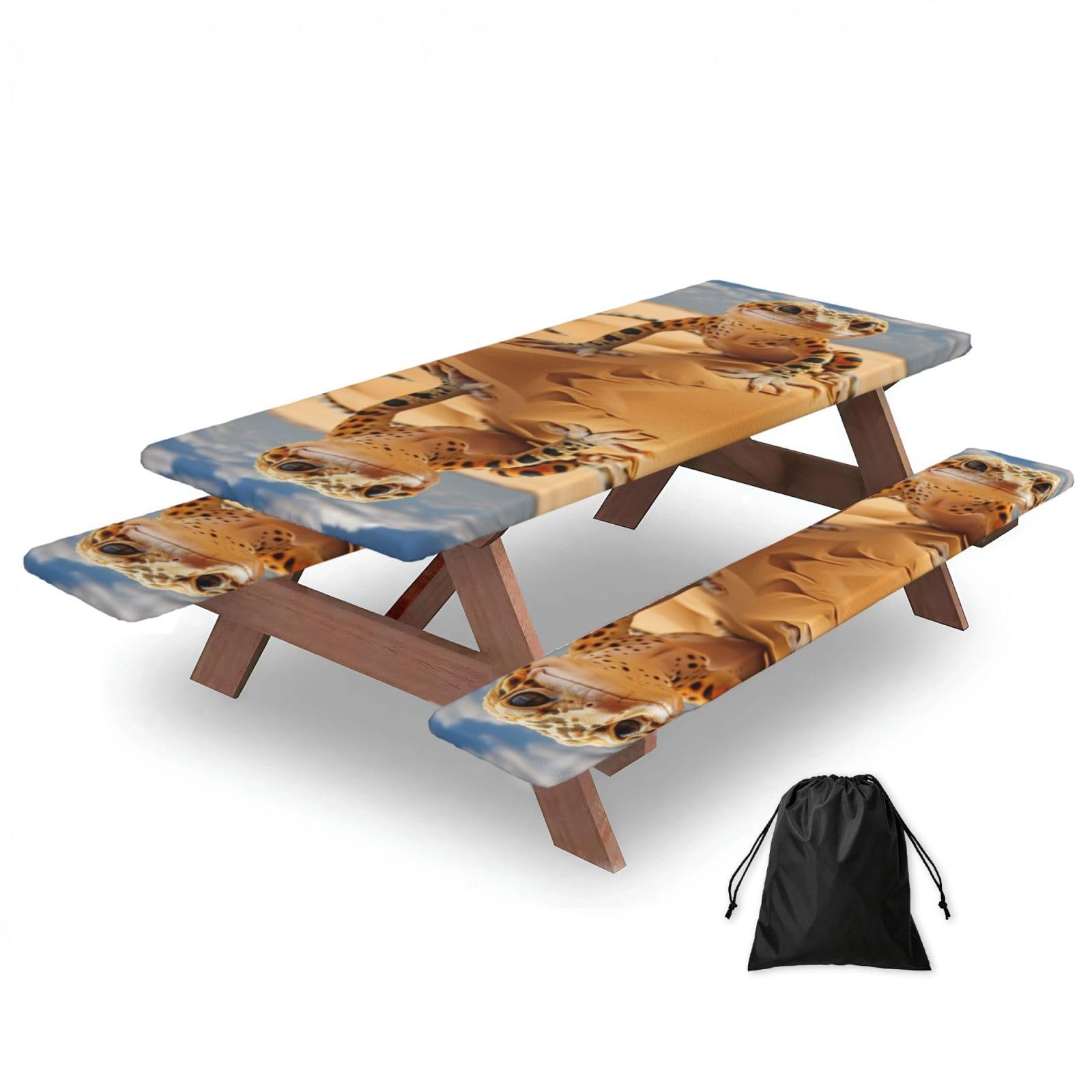 Zyjhyy Black Sand Leopard Gecko Print Party Table Covers With Bench Covers Set Of 3 Picnic Table Cloth Wipe Clean For Garden Camping