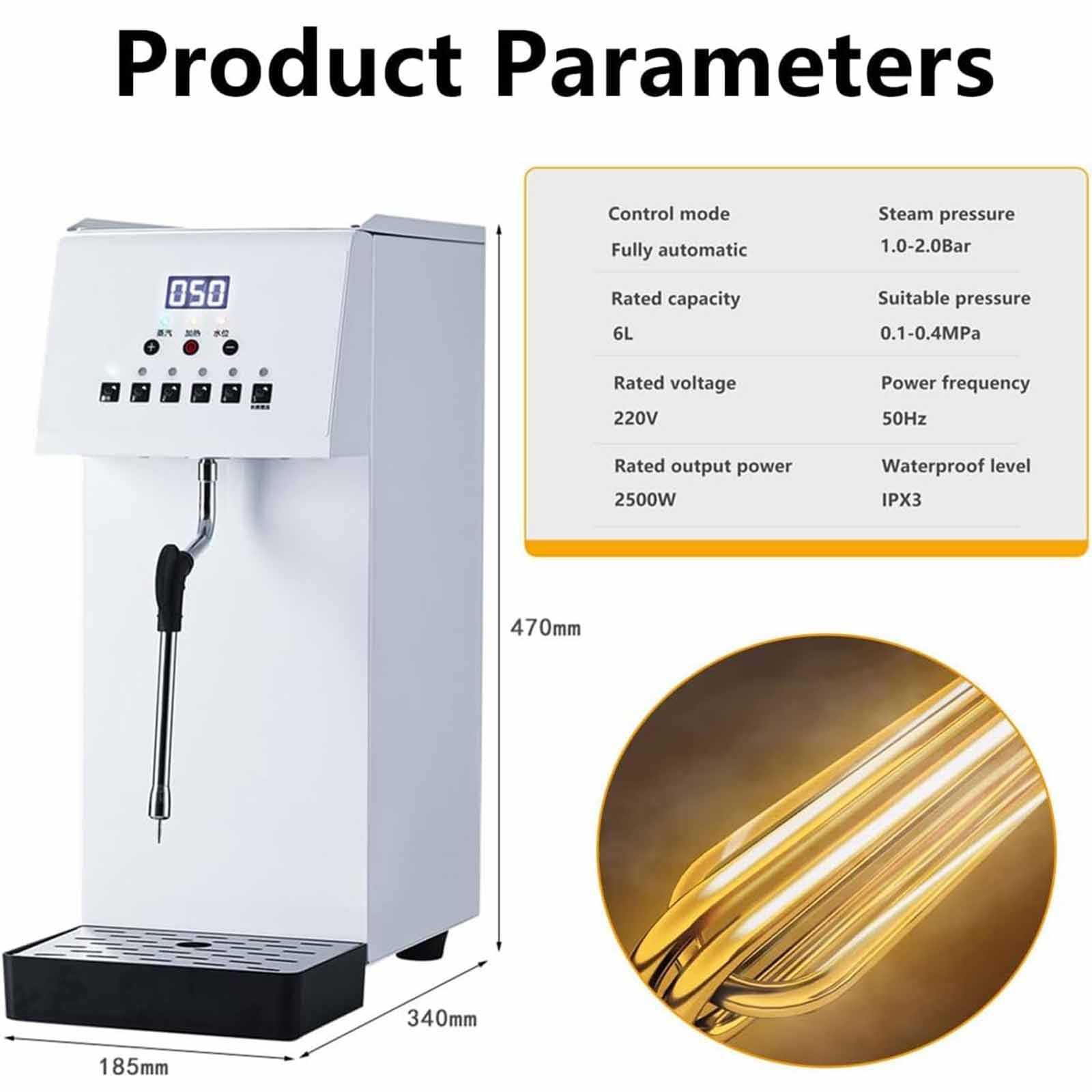 Espumador de leche eléctrico comercial de 2500 W, con vapor, tanque de 6 L, acero inoxidable 304, 5 ajustes de temperatura preestablecidos, pantalla LED para latte y capuchino, protección co