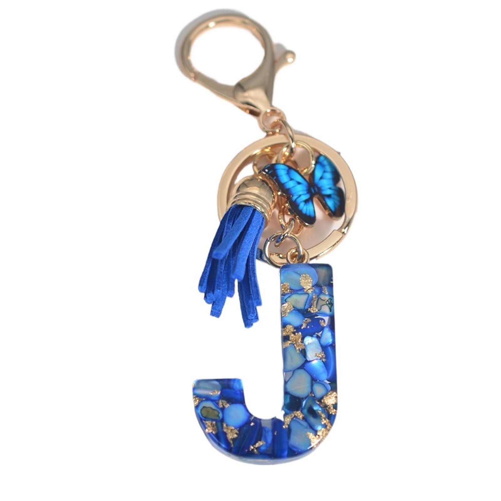 FVCTGHZ Keyring Glitter Blue Resin 26 Letter Keychain Delicate Butterfly Tassel Initials Pendant For Women Men Bag Charm Car Keyring Accessories Perfect Accessory(J)