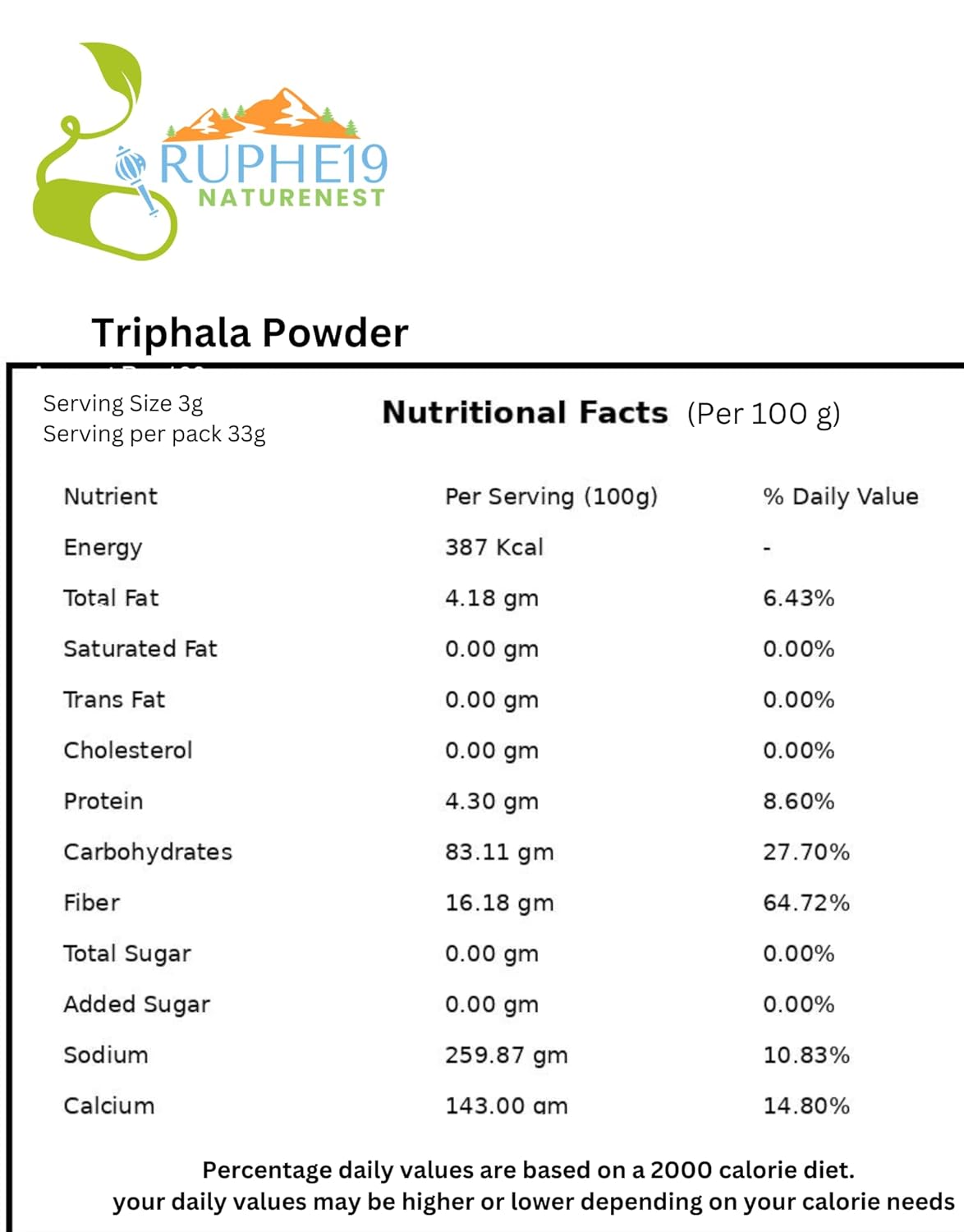 Organic Tripla Powder - 100 grams | 100% pure, natural and vegetarian. Amla, Hartaki and Bibhitaki Blend | Herbal digestive support and detox