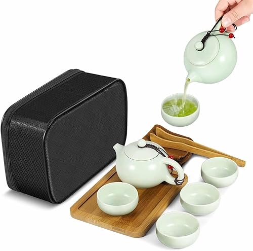 Miniatura 10 de Flexzion Juego de té chino japonés vintage kungfu gongfu tetera portátil de viaje, cafetera de cerámica de porcelana, 4 tazas de té, bandeja de té