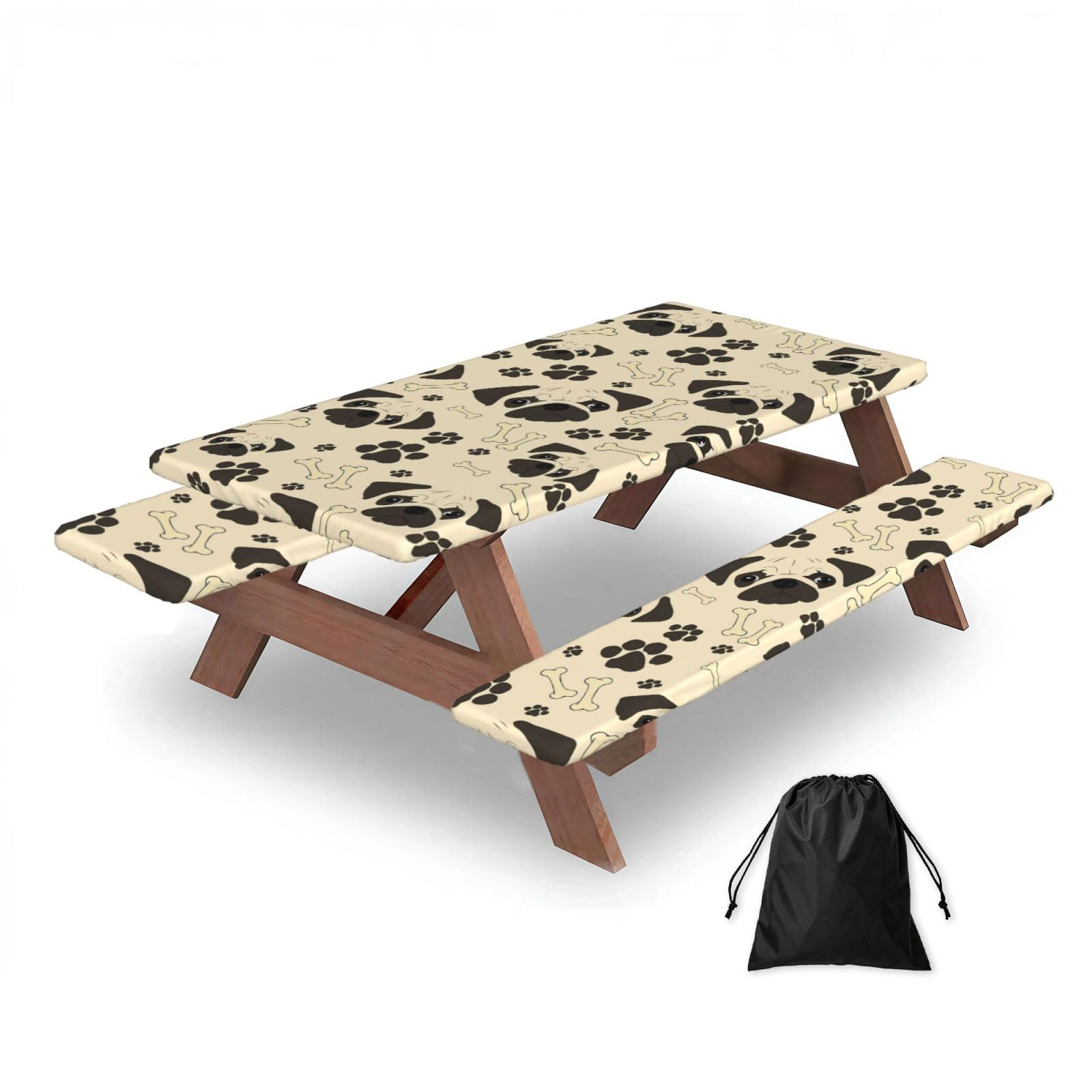 Dopklna As Picture Pug Dog Pattern, Picnic Table Cover With Bench Covers -Waterproof Elastic Fitted Tablecloth For Garden Camping Patio 76X152cm