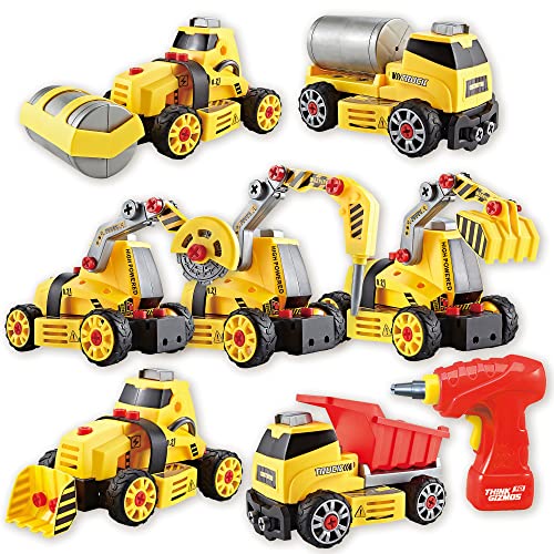 ThinkGizmos Set de Jeux de Construction à Démonter 7 en 1 pour Garçon et Fille - Véhicules de Chantier avec Lumières et Sons - 7 Modèles Jouet Enfant à Assembler avec sa Perceuse Jouet Incluse Cover