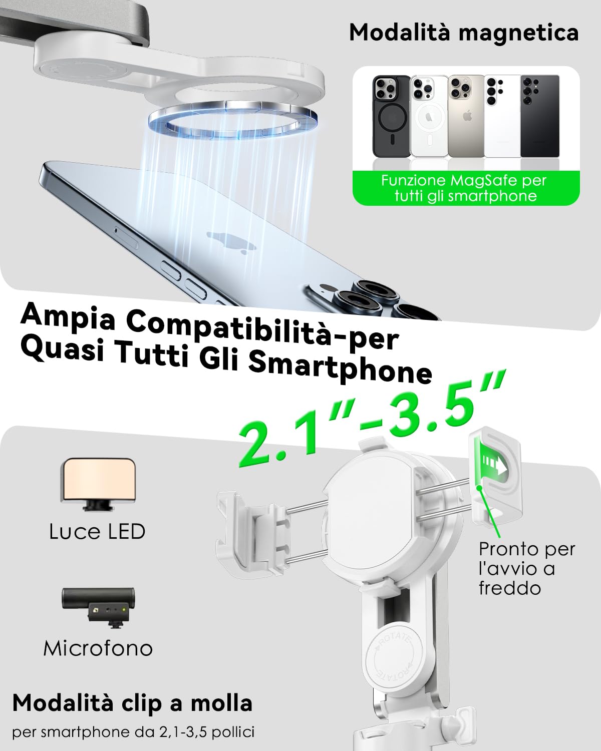 CloudValley Treppiede magnetico 4 in 1 multifunzione per selfie, mini supporto portatile tascabile per telefono con telecomando staccabile, compatibile con MagSafe, per iPhone/Android, Travel Vlog