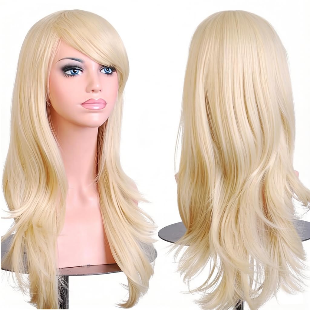 PORSMEER 70 cm/28 inches Charming Long Wavy Full Hair Wig Anime Cosplay Halloween Costume Party Heat Resistant Synthetic Wigs for Women Girls (Light Blonde)