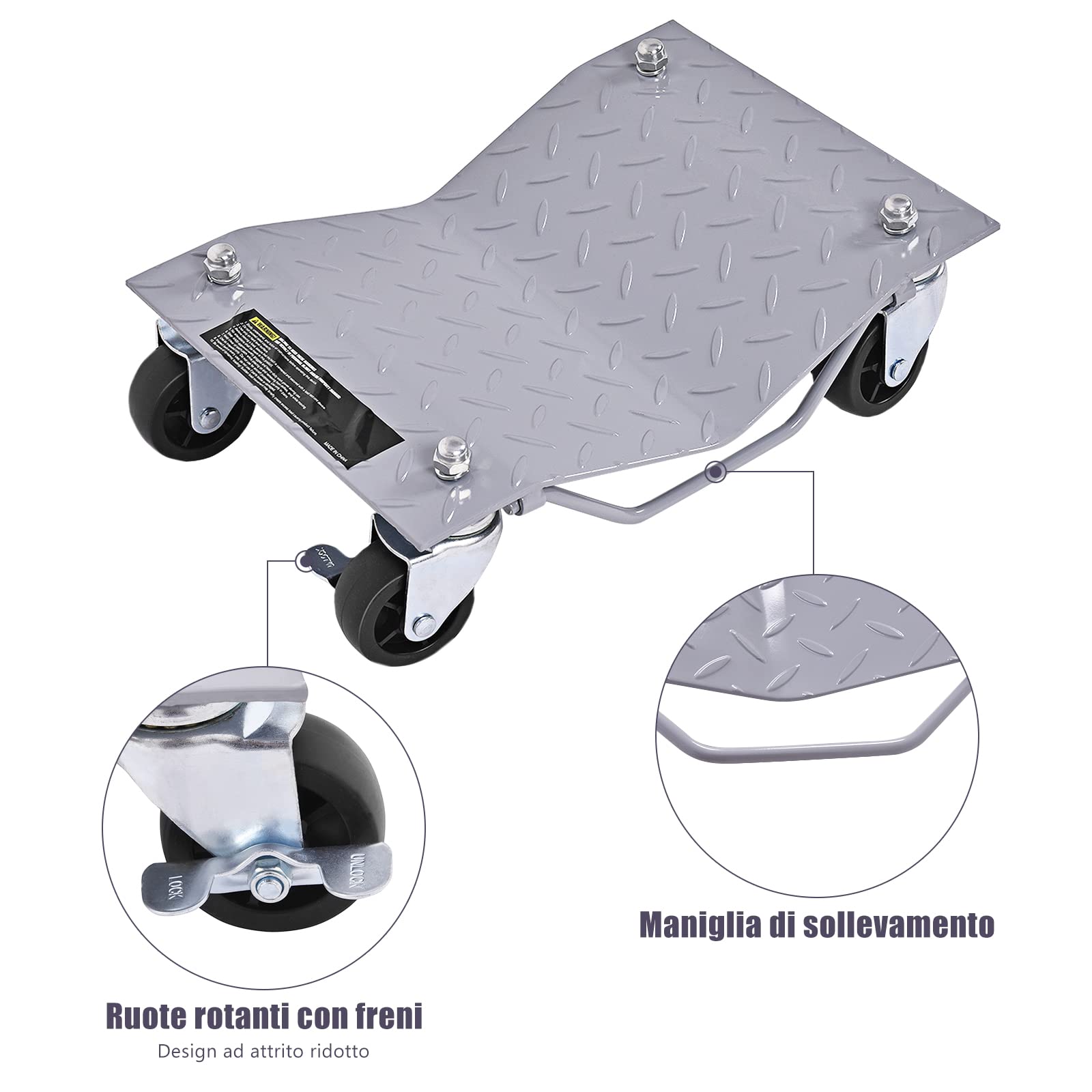 COSTWAY Set di 4 Ruote per Pneumatici, Capacità 2720 kg Totale, Pattini per Pneumatici con Freno, 40,5 x 30 cm Car Dolly, Cuscinetti a Sfera, per Auto, Camion, Trattori, Motocicli Riparazione Spostare