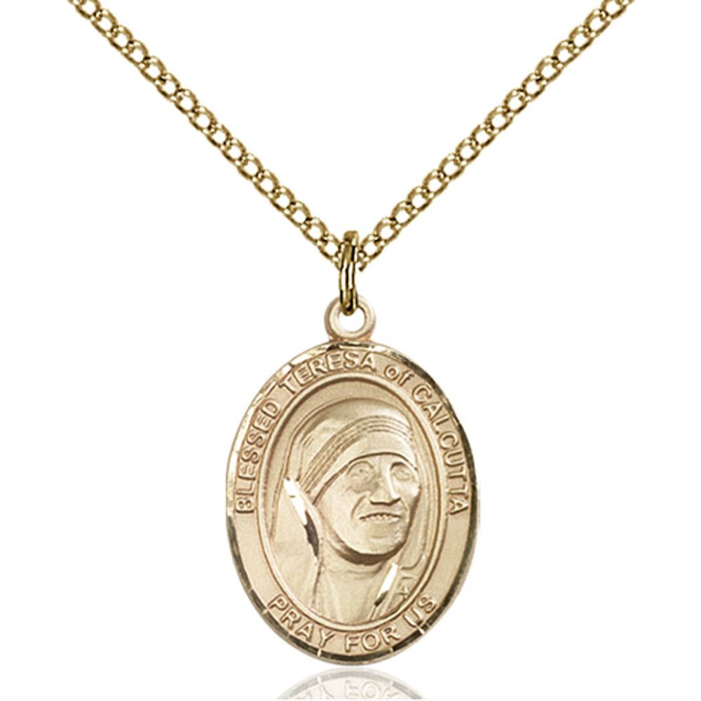 Bonyak Jewelry Saint Medal Collection Custom Engraved Gold Filled Blessed Teresa of Calcutta Pendant 3/4 x 1/2 inches with Gold Filled Lite Curb Chain