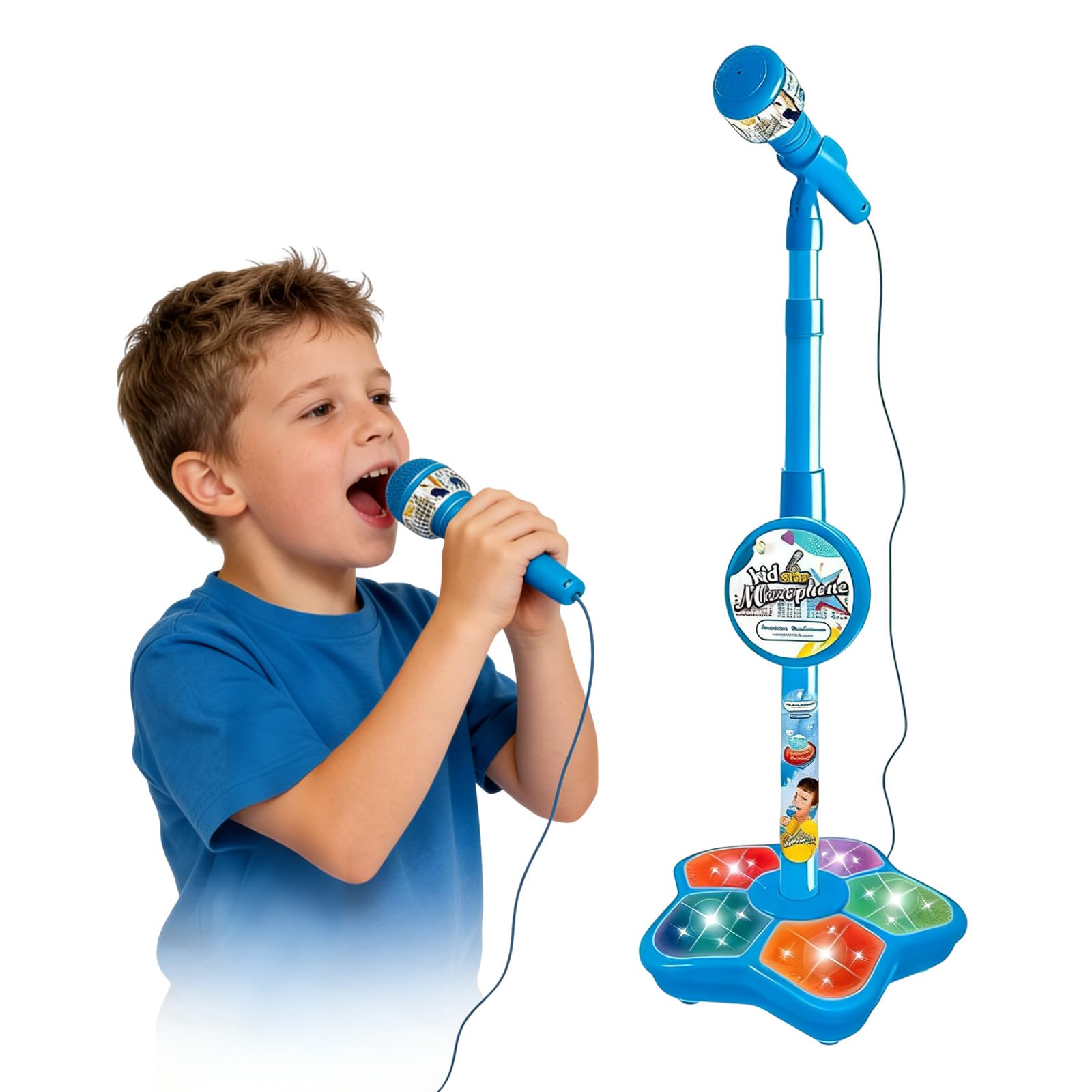 BRTNUP Kids Microphone and Stand, Portable Karaoke Microphone and Stand with Adjustable Height & Flashing Lights Kids Microphone with Stand for Home Singing and Party Fun Singing Musical Toy (Blue) — image 1