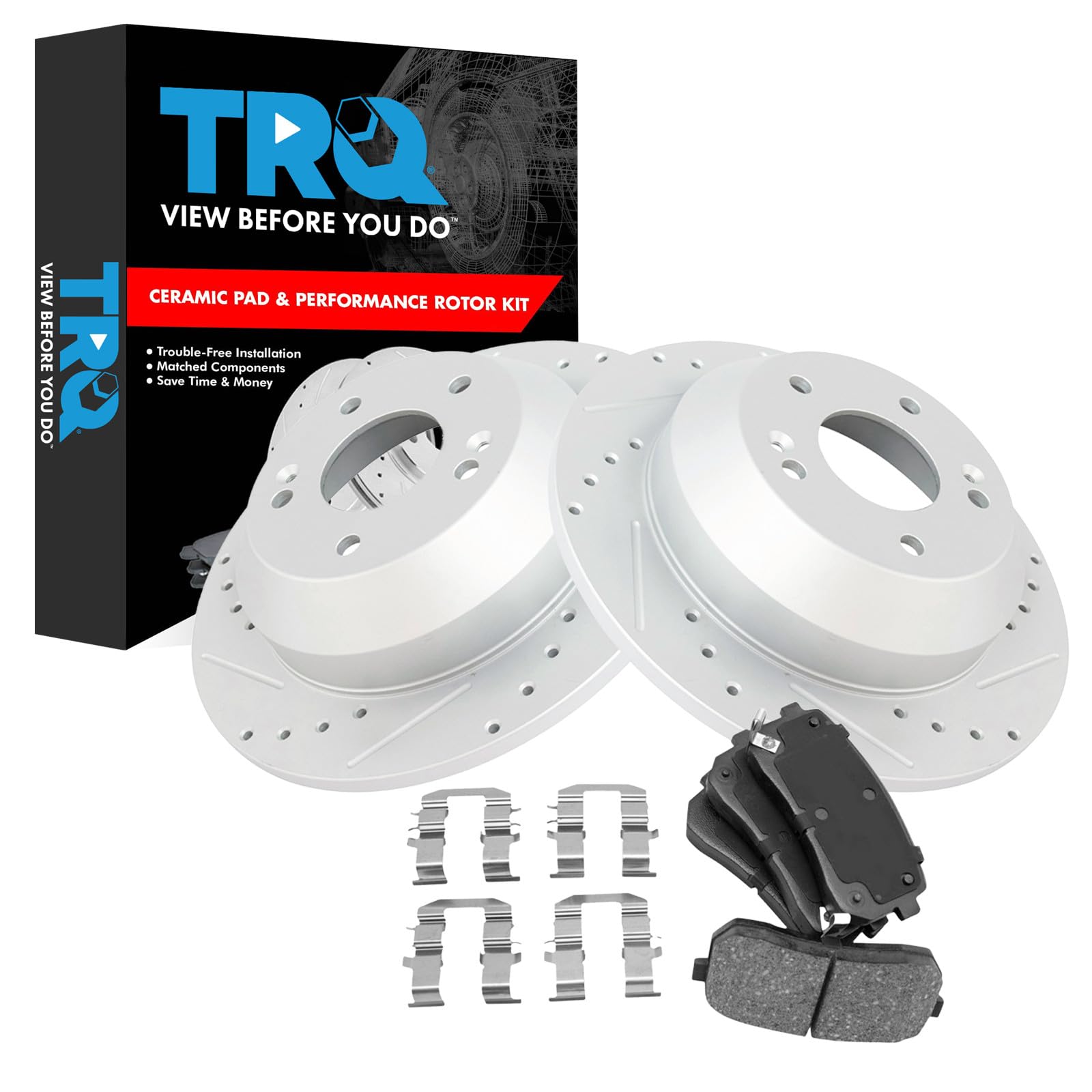 TRQ Performance Rear Brake Pad and Rotor Set Ceramic Coated Drilled Slotted Rotors Compatible with 2015-2020 Kia Sedona