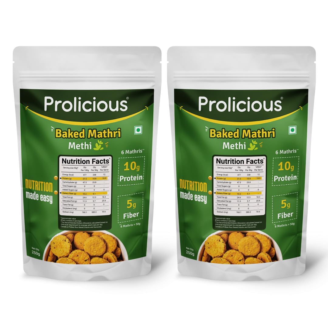 "Prolicious Baked Mathri | 10g Protein, High Fiber | Healthy Weightloss Snack | No Palm Oil, No Transfat | Made with Whole Foods | 500g (2 X 250g each)"
