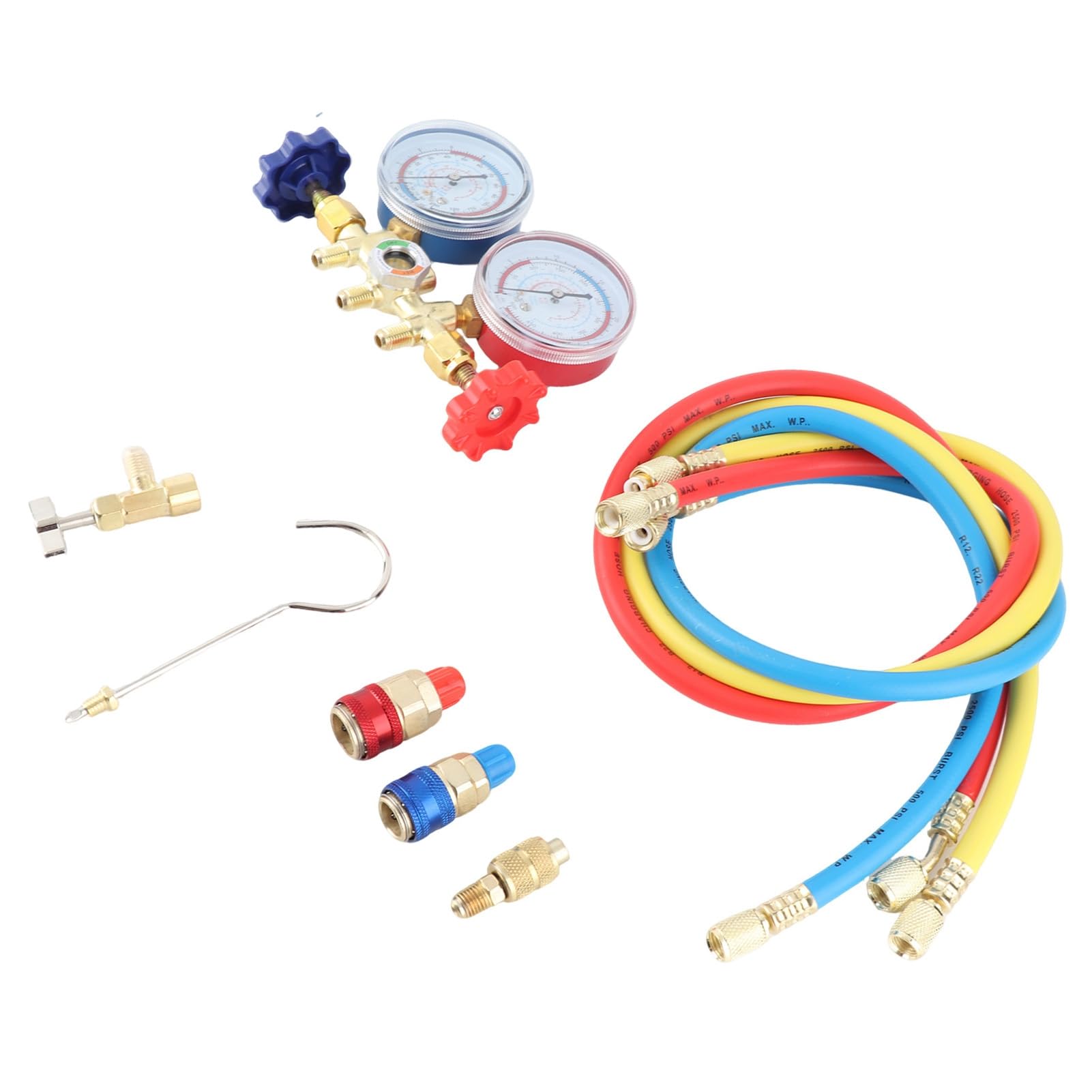 Sorandy Manómetro de Aire Acondicionado R410 22 134A, Juego de Manómetro de Colector Duradero de 3 Vías para Carga de Freón con Mangueras de Nailon Adhesivas
