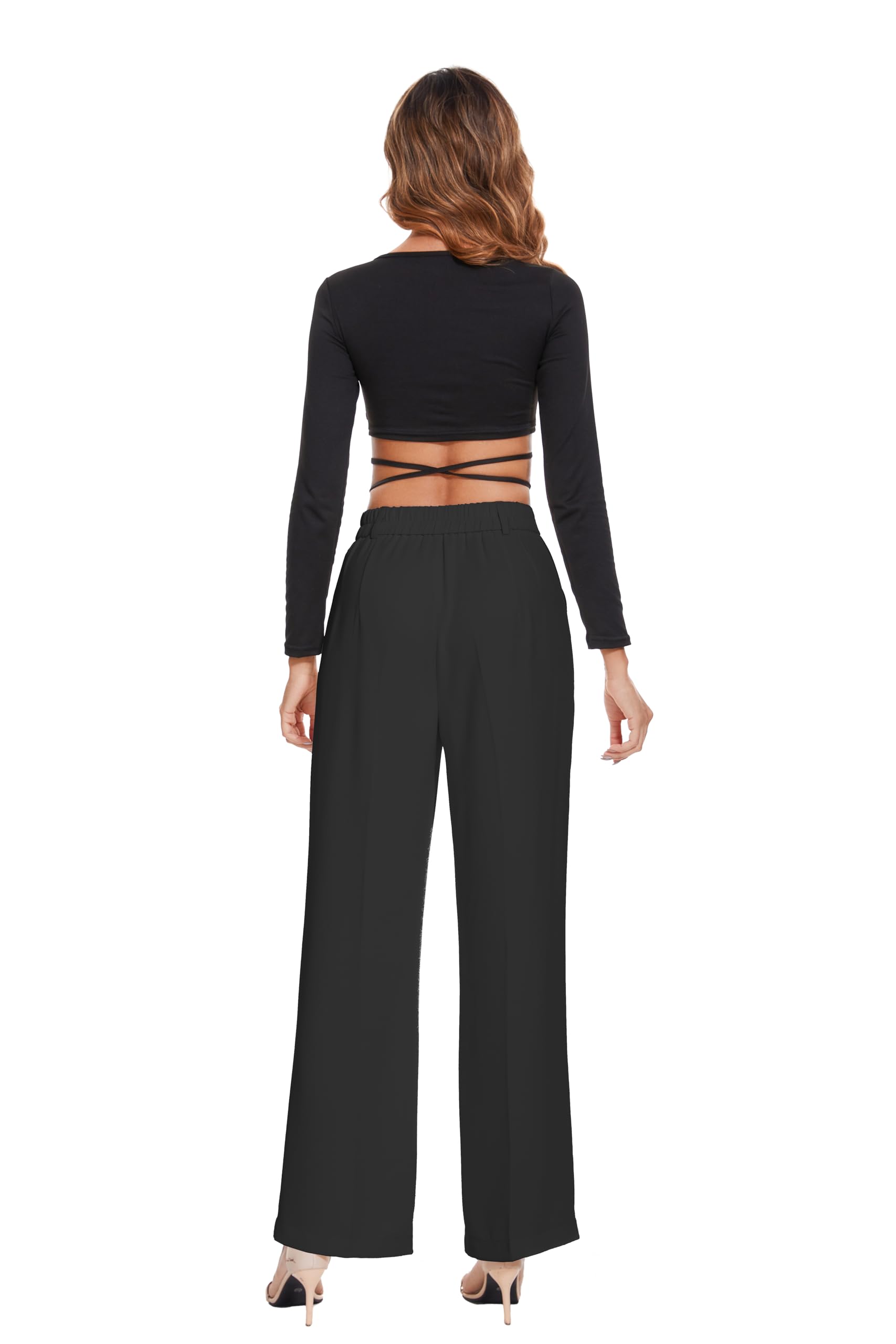 KICZOY Pantalones de oficina de cintura alta ancha para mujer, ajuste holgado, cintura elástica, plisados, pantalones para el trabajo casual