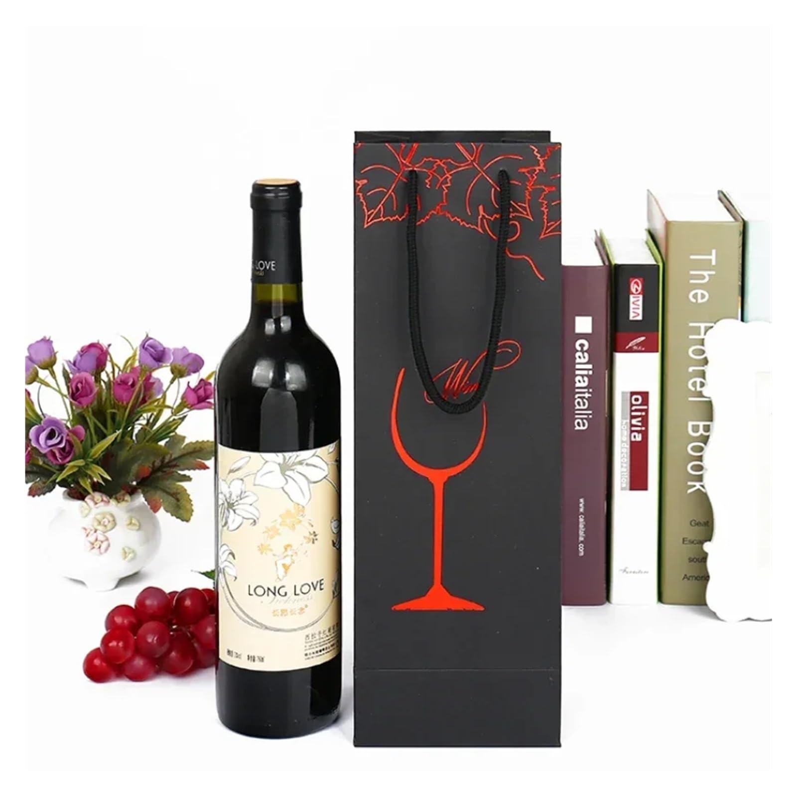 Sacs pour bouteilles de vin Sac en papier à main 12 pièces, pochette en carton noir doré feuille de raisin, pochette à vin simple Double bouteille de bière, sac Portable à poignée en corde en Nylon (
