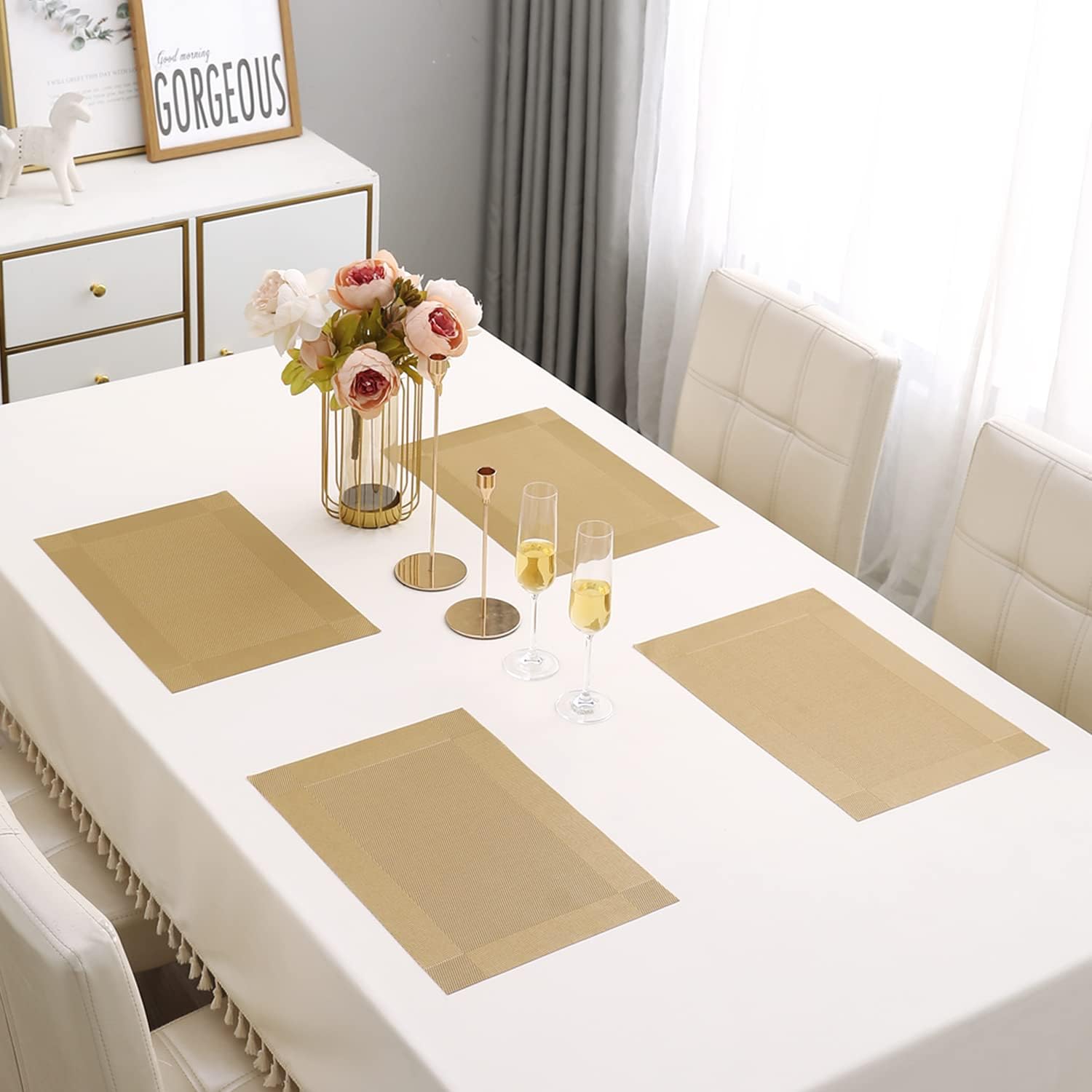 daiDokoro Rectangular Crossweave Woven PVC Vinyl Non-Slip Insulation Heat-Resistant & Waterproof Stain Resistant Washable Placemat for Dining & Kitchen Table-(Golden, Set of 4)