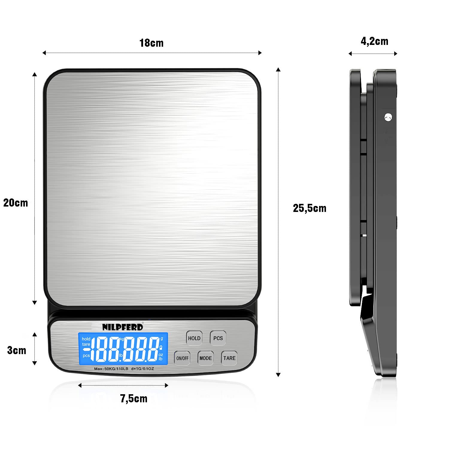 Nilpferd Bilancia digitale per pacchi fino a 50 kg, bilancia postale, bilancia da lettere, bilancia per tutti gli scopi (casa, ufficio, precisione grammatica, batterie incluse (argento)