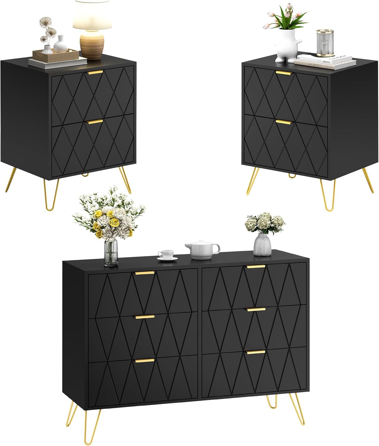 UEV Set di 3 Mobili per Camera da Letto, Cassettiera con 6 Cassetti e Set di 2 Comodini, con Maniglie e Piedini in Colore Oro, Scandinavo per Soggiorno, Camera da Letto (Nero)