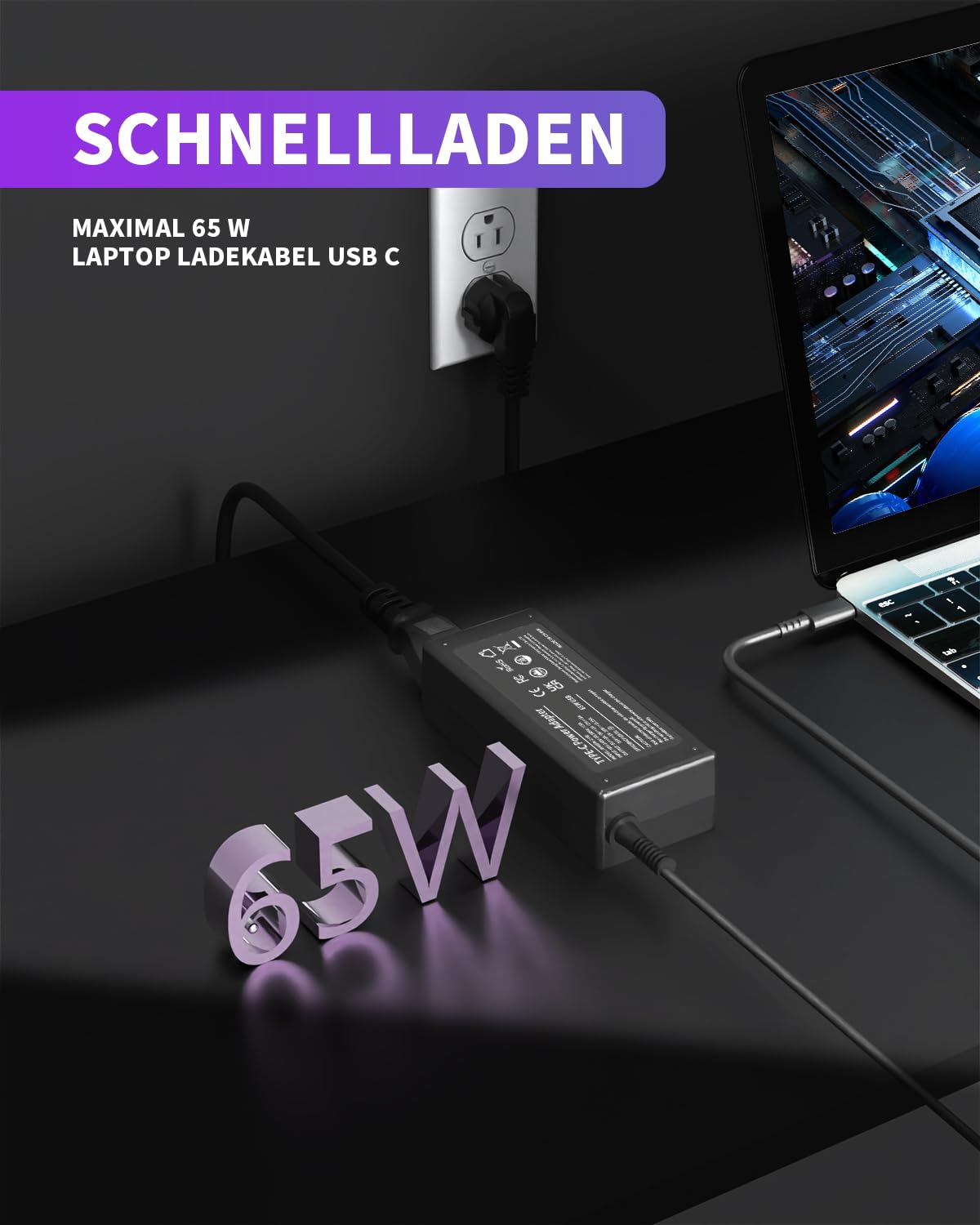 65W kabel ładujący USB C do laptopów Lenovo ThinkPad (T14/X1 Carbon), HP Spectr/EliteBook, Dell Latitude, Acer, Asus, Huawei, Samsung, Surface, MacBook, LG, Chromebook 45W ładowarka Type C