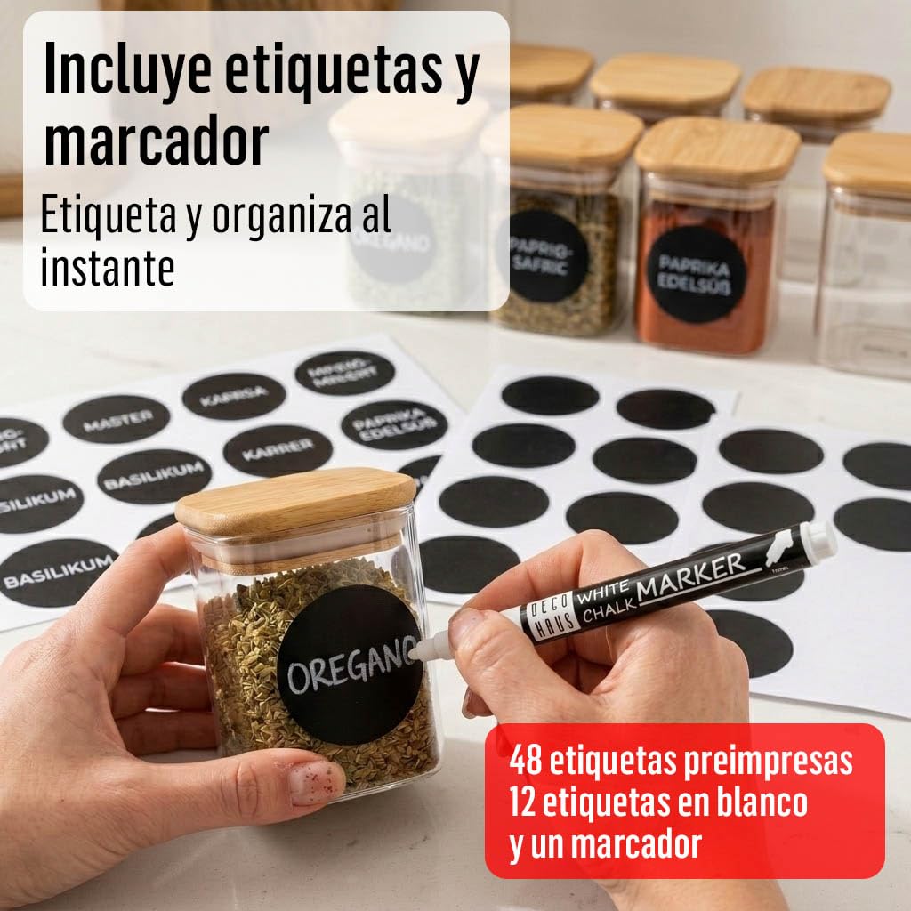 Deco haus® Juego de 20 tarros de especias rectangulares con etiquetas para especias, juego de tarros de especias con tapa de madera, para guardar especias, recipiente para especias