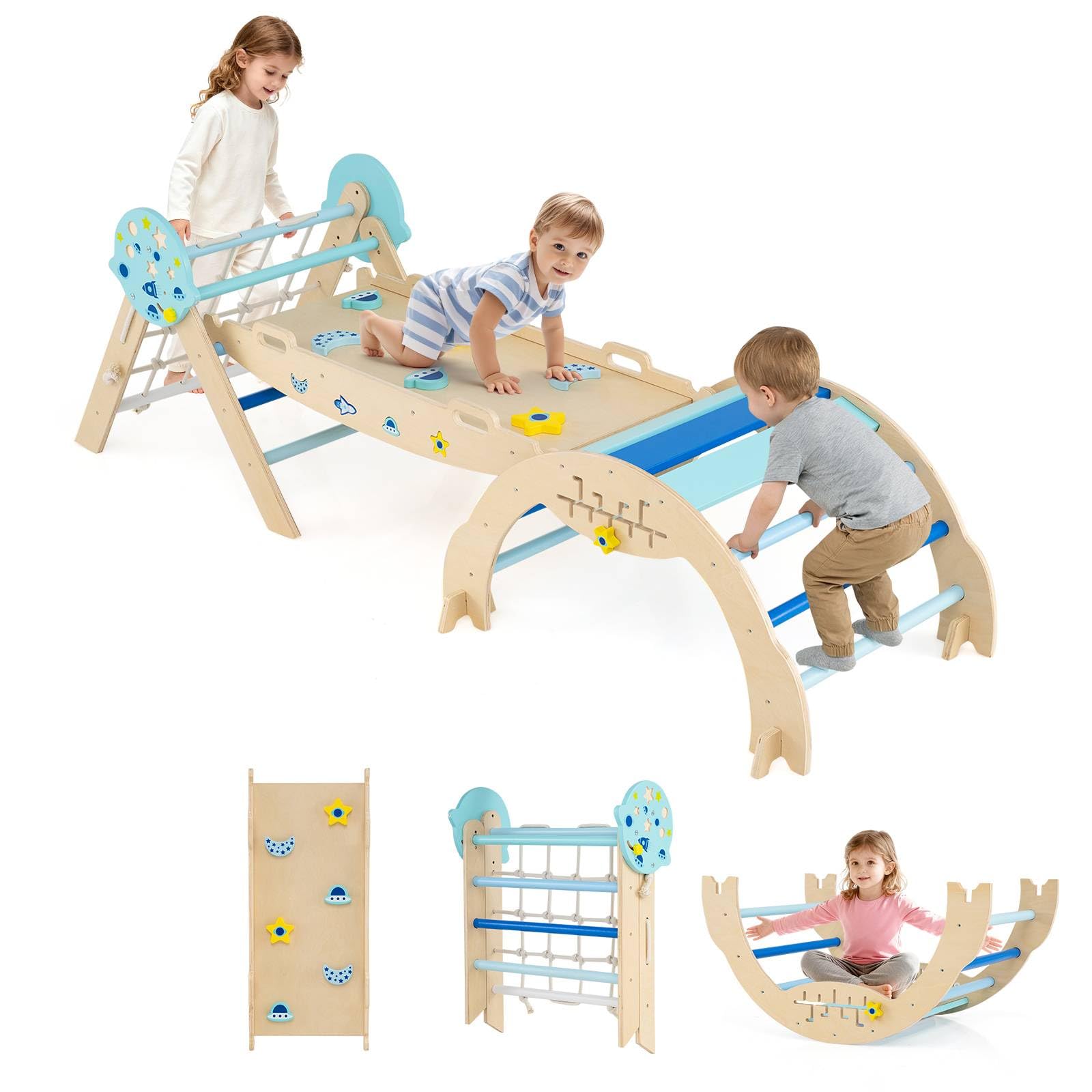 GYMAX Kids Climbing Set, Wooden Toddler Climber with Arch and Reversible Ramp, Indoor Climbing Frame for Boys Girls(Blue,8 in 1 Spaceman-Themed:204 x 53 x 58 cm)